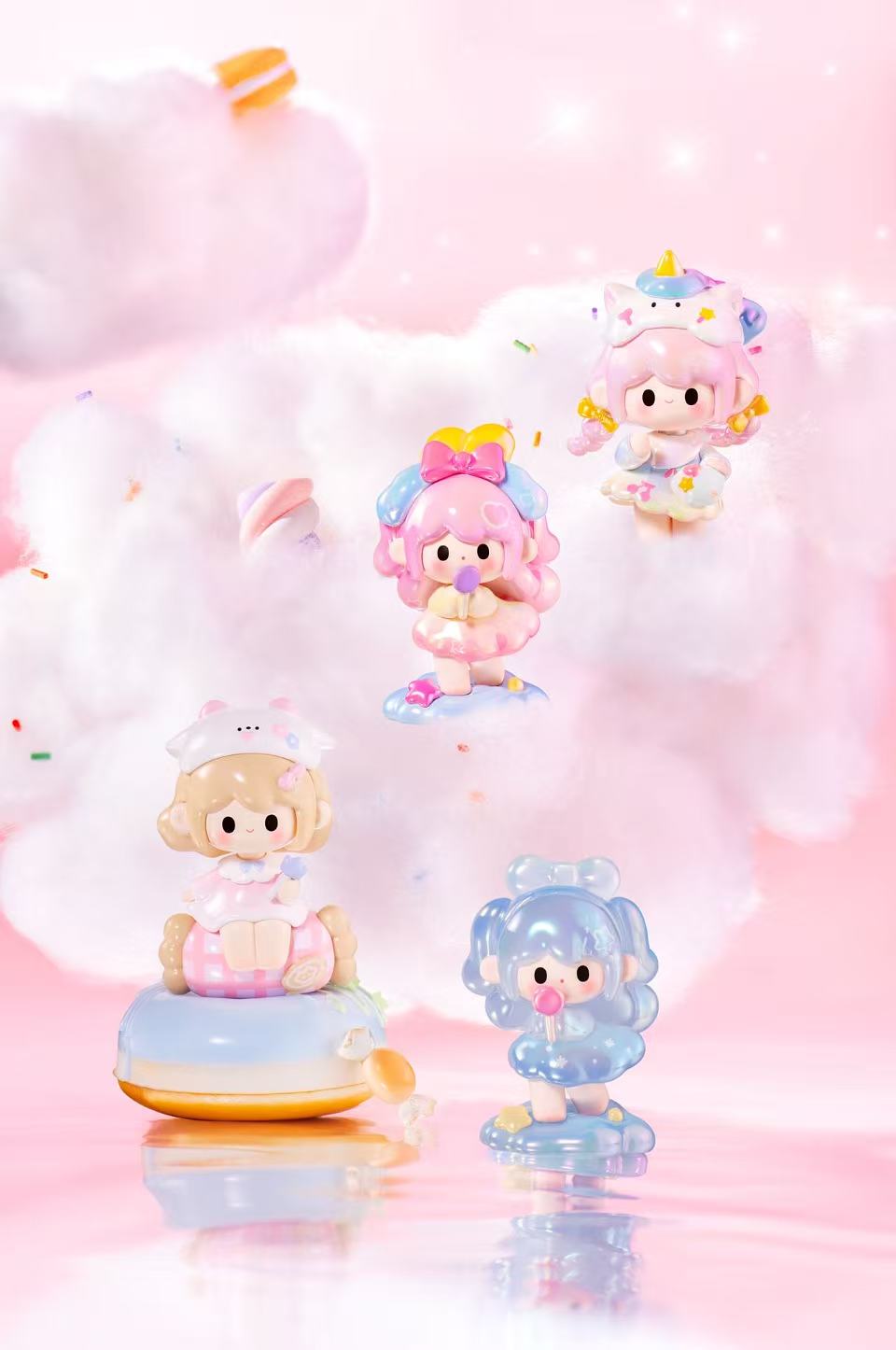 UUTIY Sweety Land Blind Box Series featuring kawaii figurines with sweet treats, posed amid fluffy tufts, embodying a dreamy, confectionery theme.