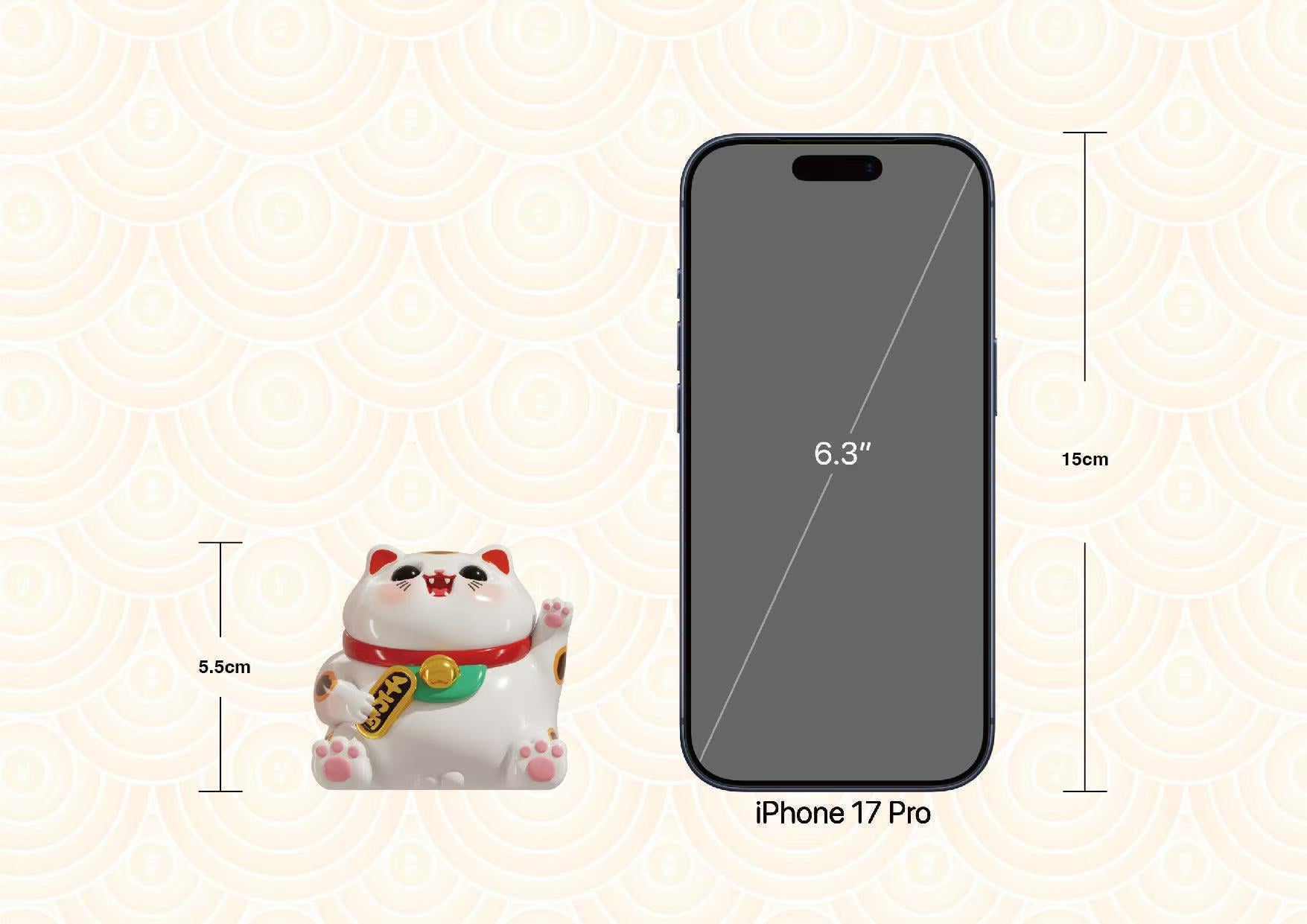 Super Hungry Animals Blind Box Series: Small maneki-neko figurine, 5.5 cm, artist-designed, compared to an iPhone 17 Pro to show size.