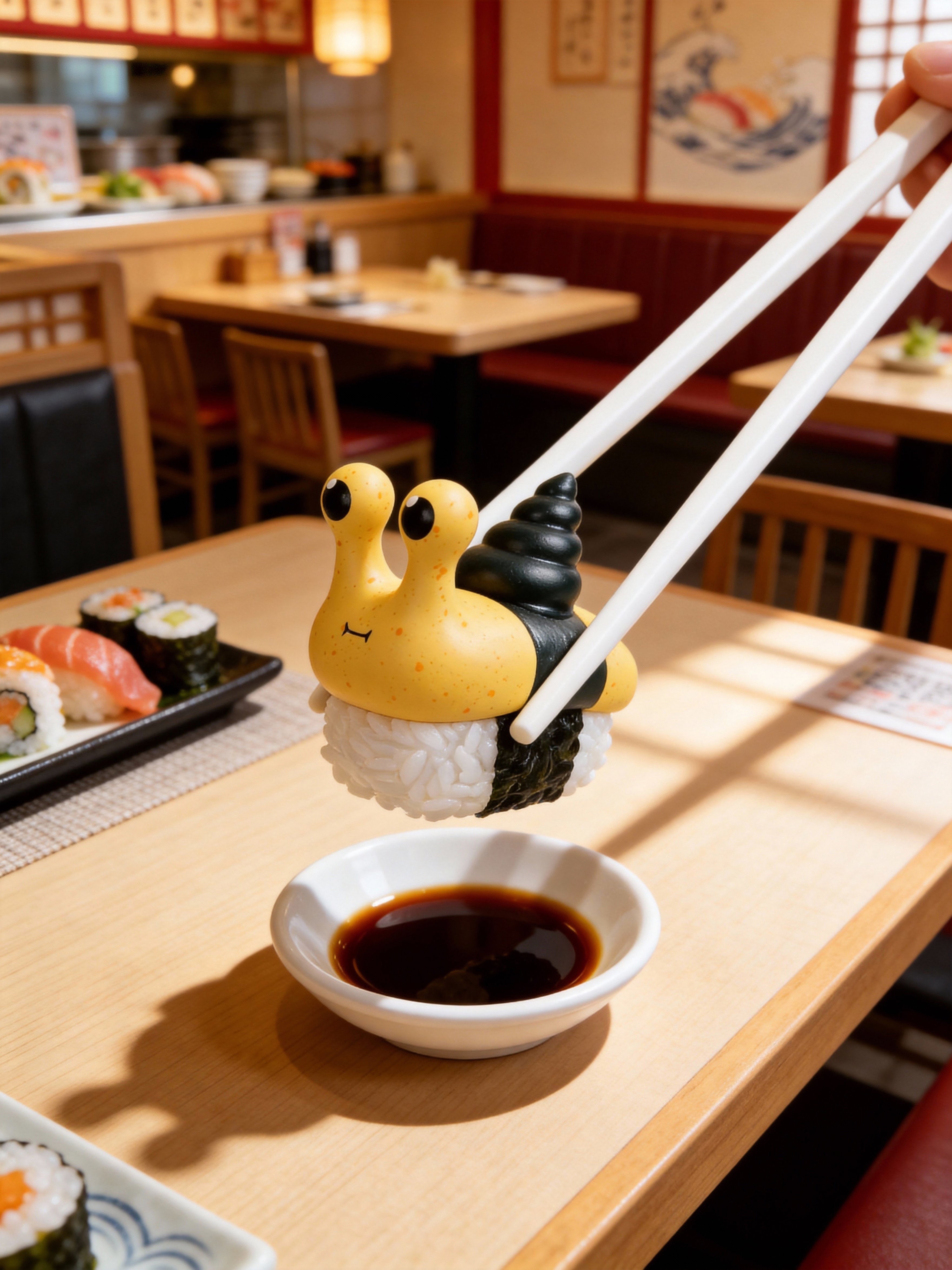 Chopsticks lift a whimsical snail sushi from the Sushi Snail Blind Box Series by Sad Salesman, set amidst traditional sushi at a Japanese-style restaurant table.