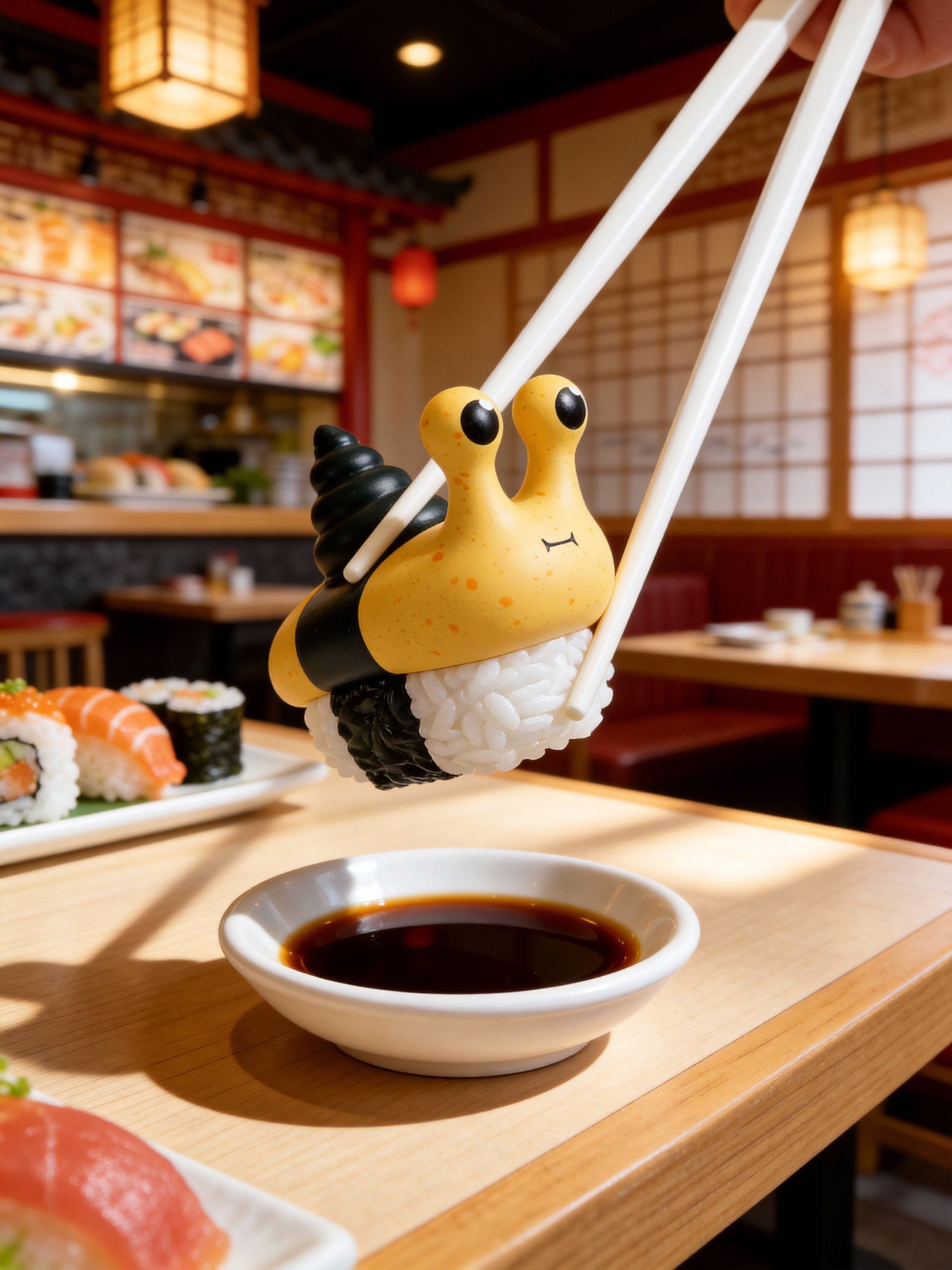 Chopsticks hold a Sushi Snail Blind Box Series by Sad Salesman, featuring a snail-shaped rice and nori nigiri on a sushi restaurant table.