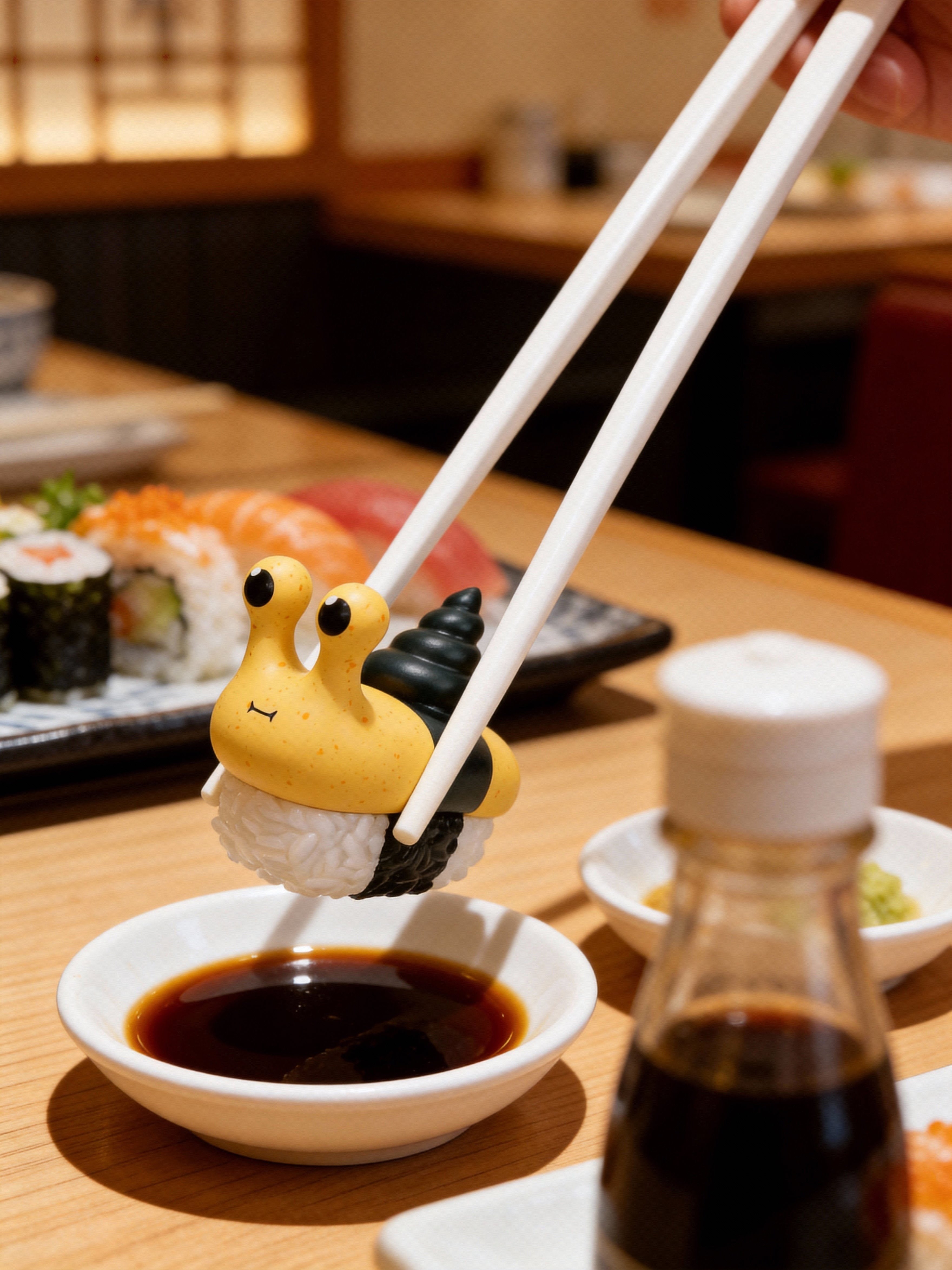 Sushi Snail Blind Box Series by Sad Salesman: A whimsical nigiri-inspired snail figure being dipped into soy sauce with chopsticks, featuring a rice body and nori wrap.