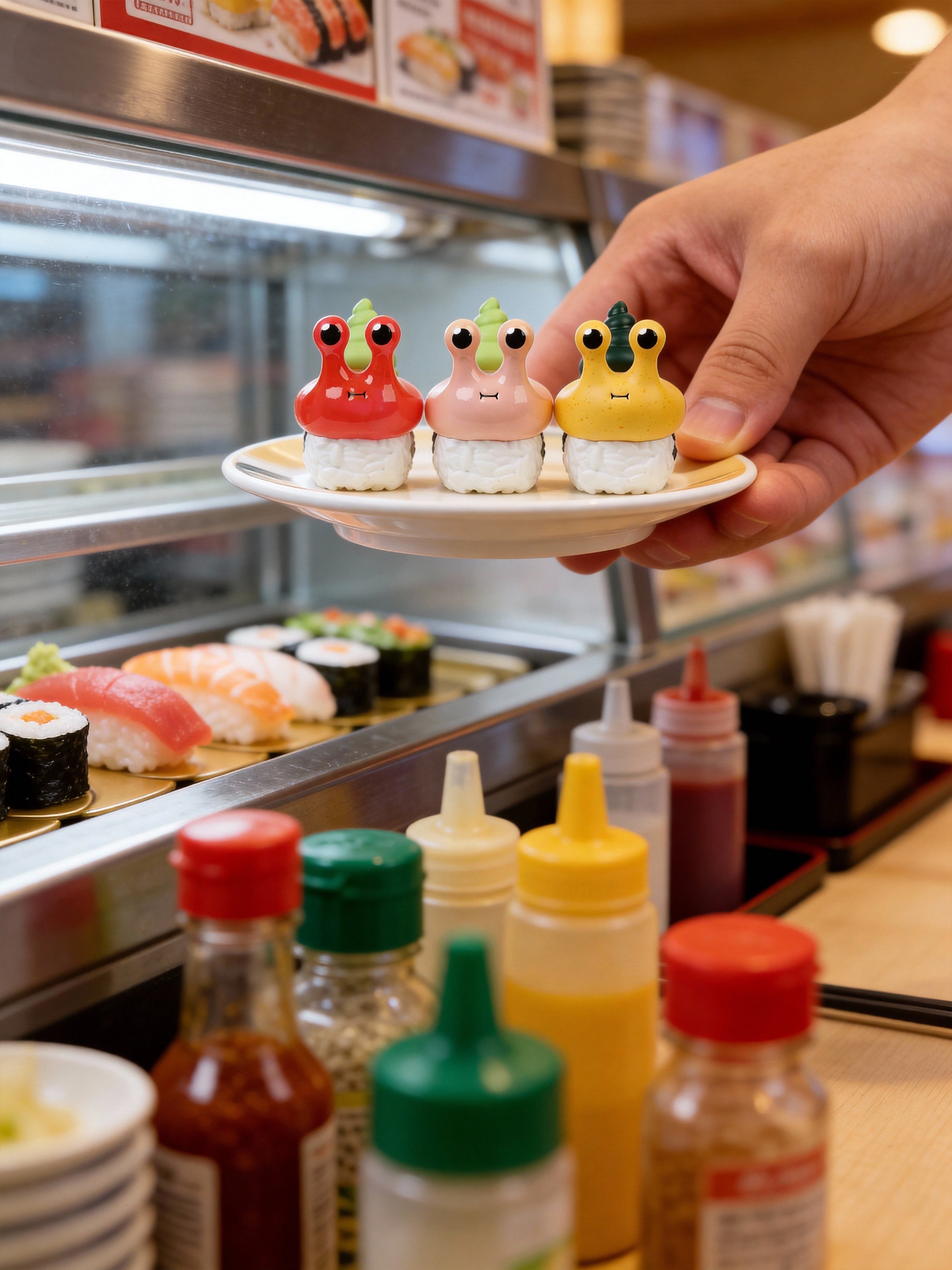 Hand holding a plate with three Sushi Snail figures from the Sushi Snail Blind Box Series by Sad Salesman, amidst real sushi on a conveyor belt.
