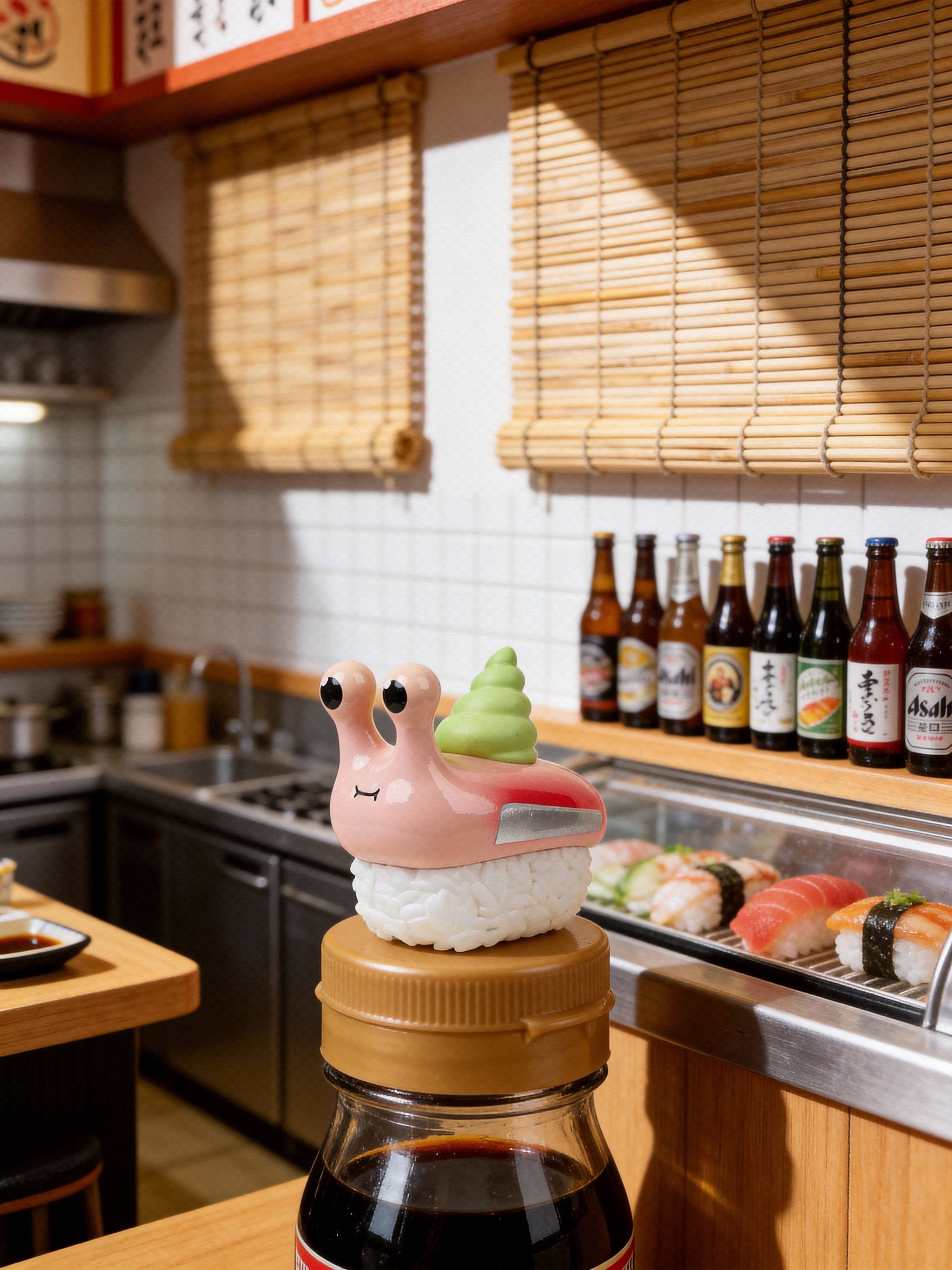 Sushi Snail Blind Box Series by Sad Salesman: A soy sauce bottle topped with a snail-like figure, set in a sushi bar with display case and beer bottles.