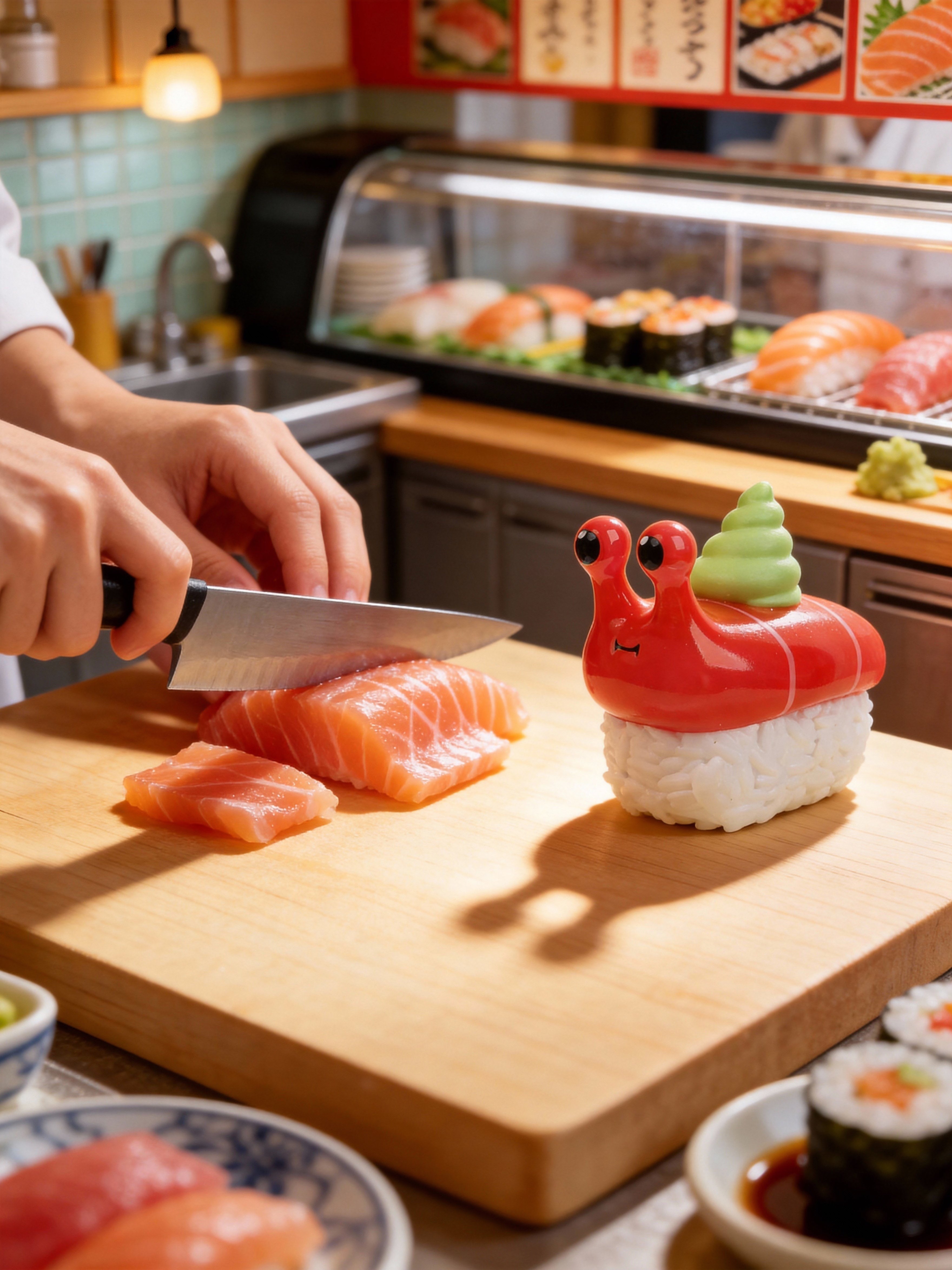 Chef slicing salmon; next to it, the Sushi Snail Blind Box Series figurine by Sad Salesman, featuring a wasabi-topped snail on rice.