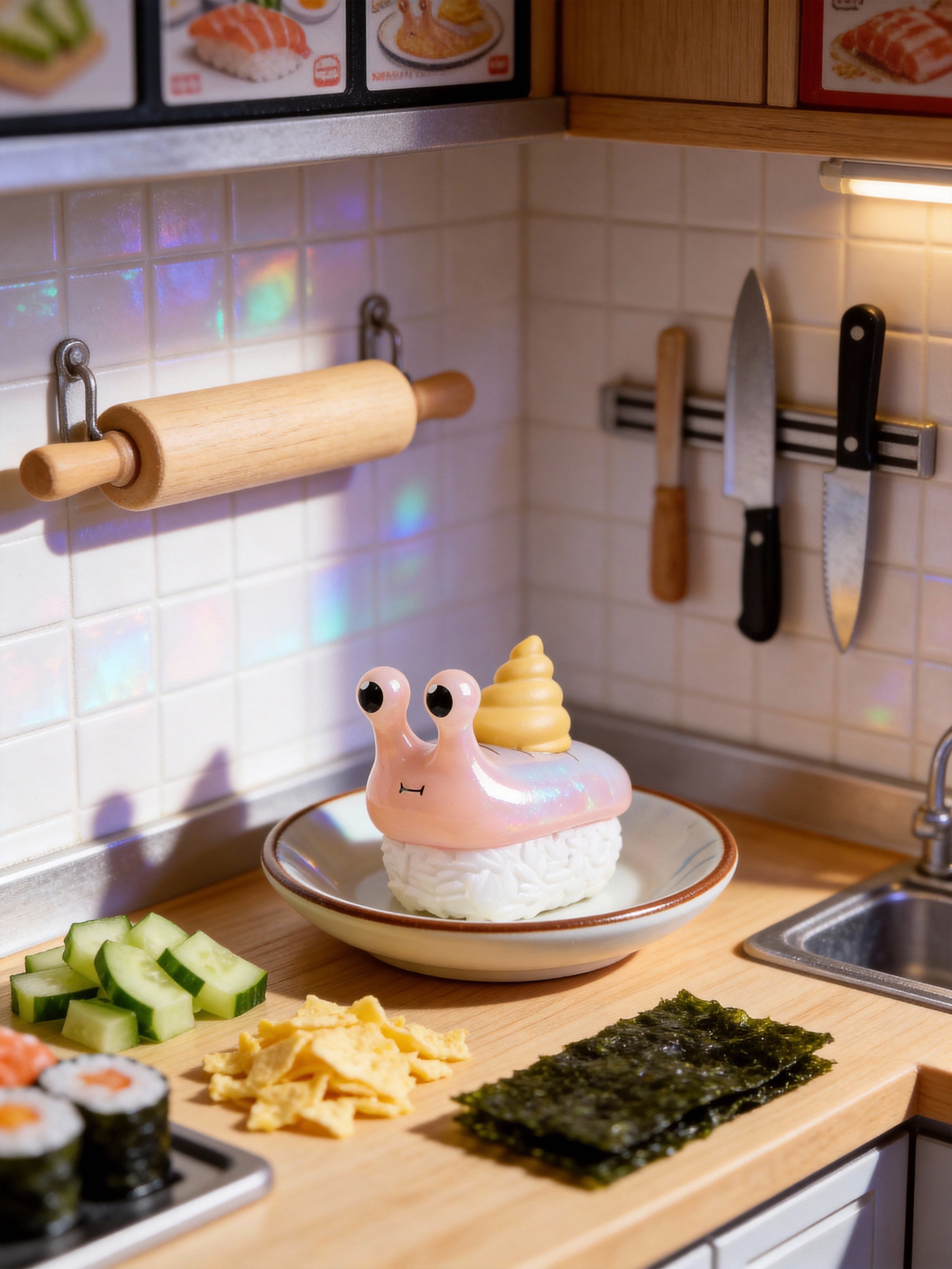 Sushi Snail Blind Box Series by Sad Salesman on a sushi prep station with maki rolls, cucumber, egg omelette, and nori sheets on a wooden countertop.