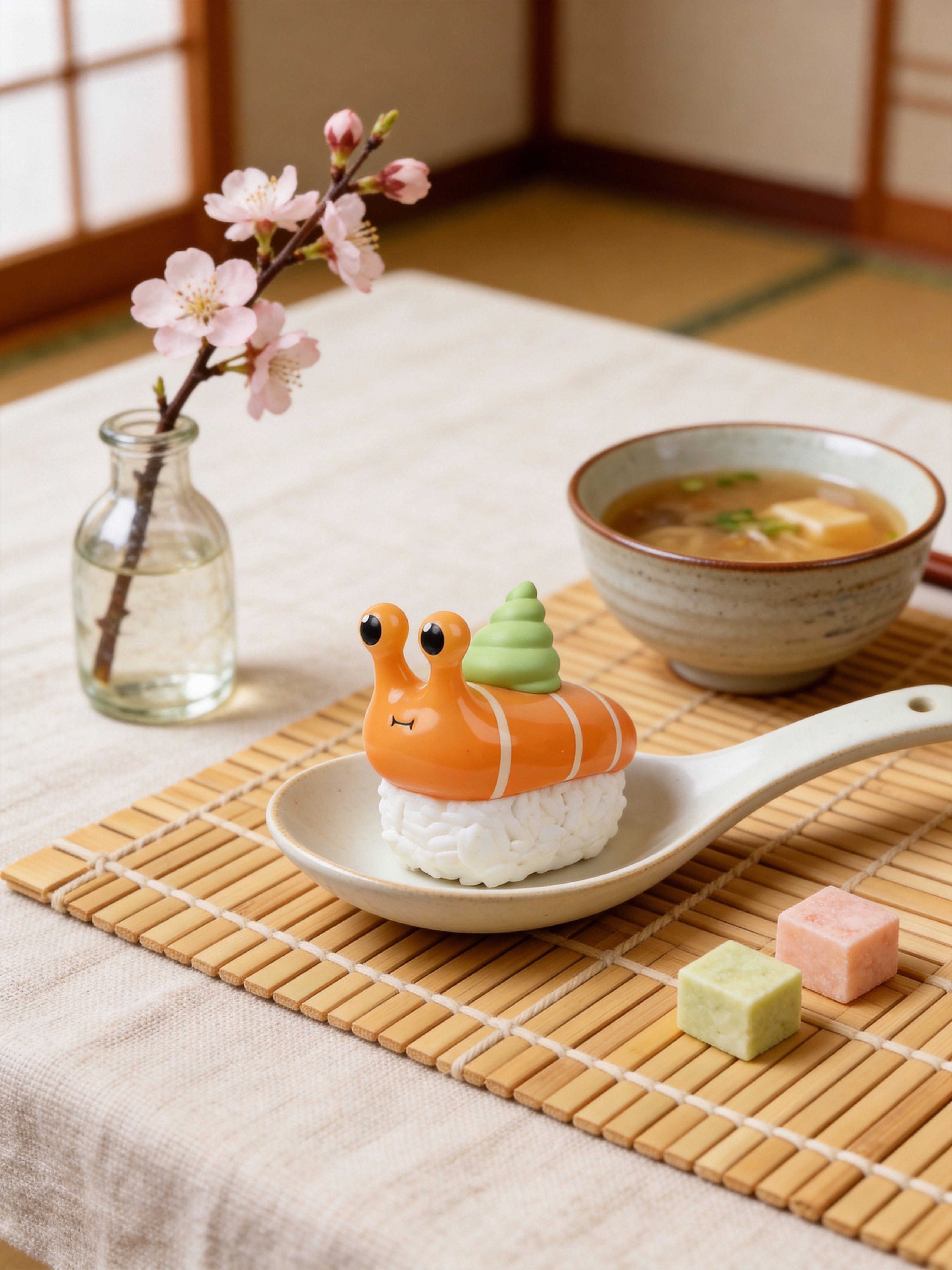 Sushi Snail Blind Box Series figurine, styled as salmon nigiri, on a ceramic spoon with cherry blossoms and miso soup in the background.