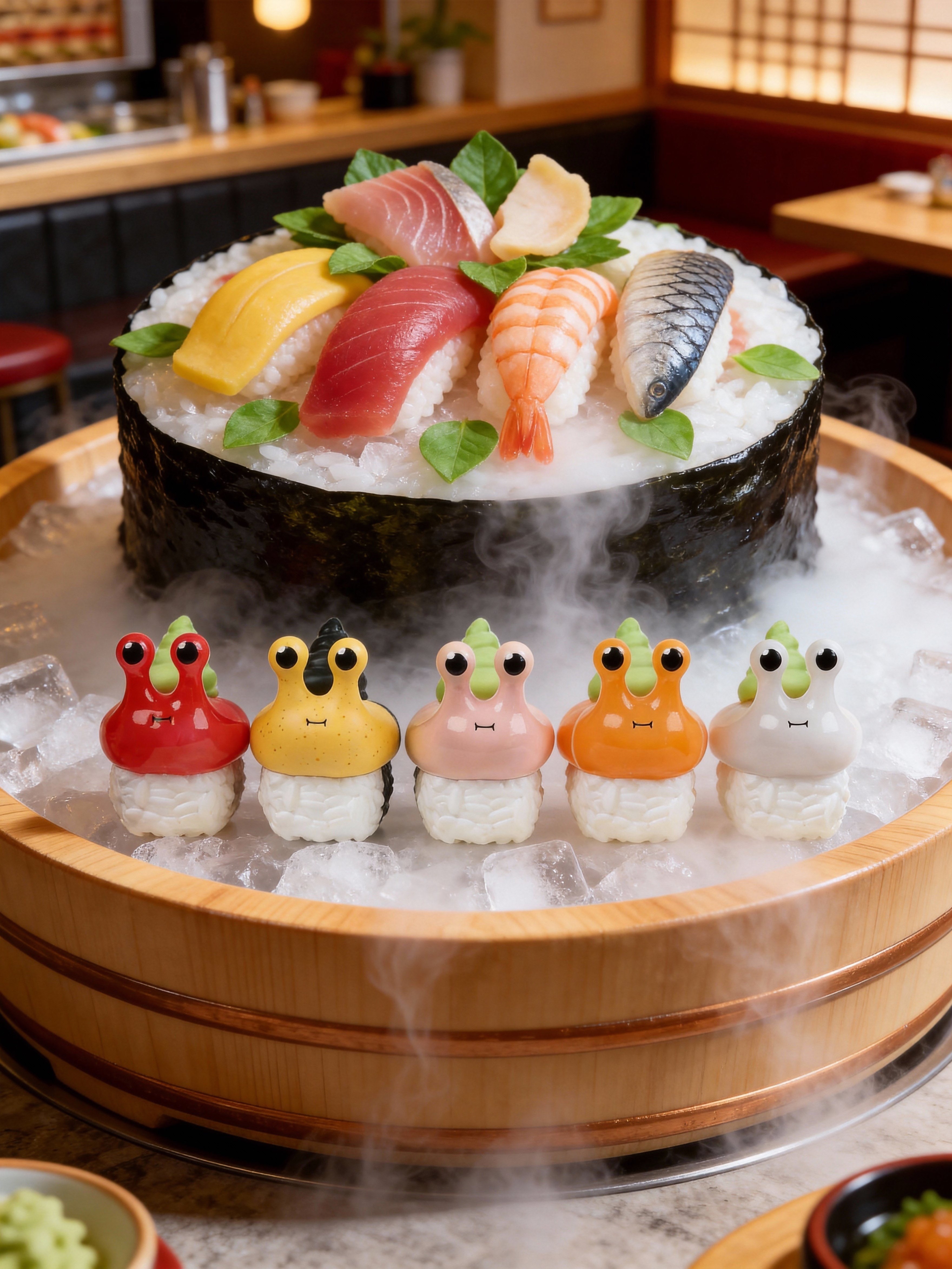 Sushi Snail Blind Box Series by Sad Salesman features snail-shaped nigiri figures on rice, surrounded by a sushi-bar display with assorted sashimi in a wooden tub.