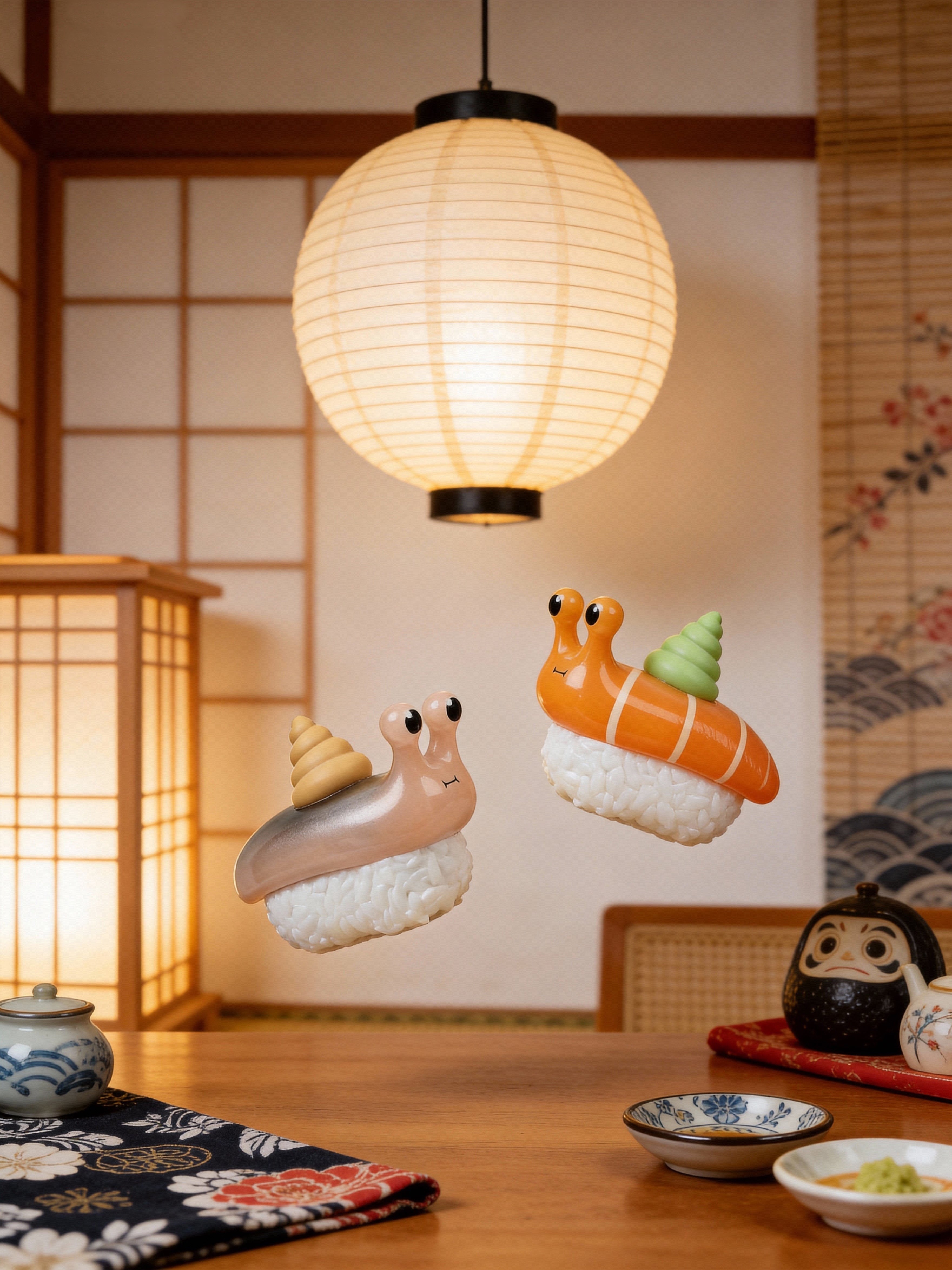 Sushi Snail Blind Box Series by Sad Salesman displayed on a low table in a traditional Japanese room with tea set and decorative tableware.
