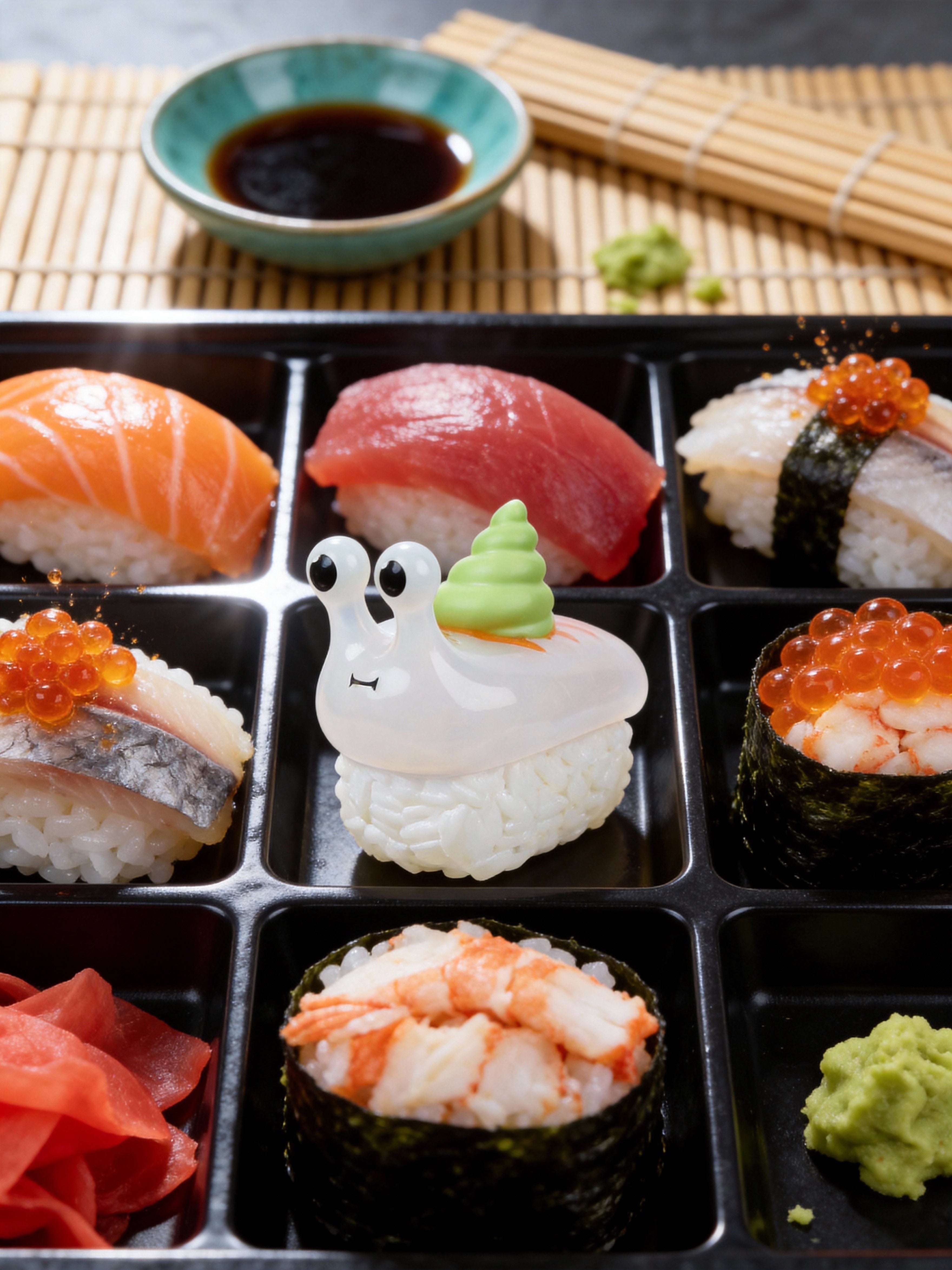 Sushi Snail Blind Box Series by Sad Salesman: A bento tray with nigiri, gunkan rolls, and a whimsical snail-themed sushi creation.