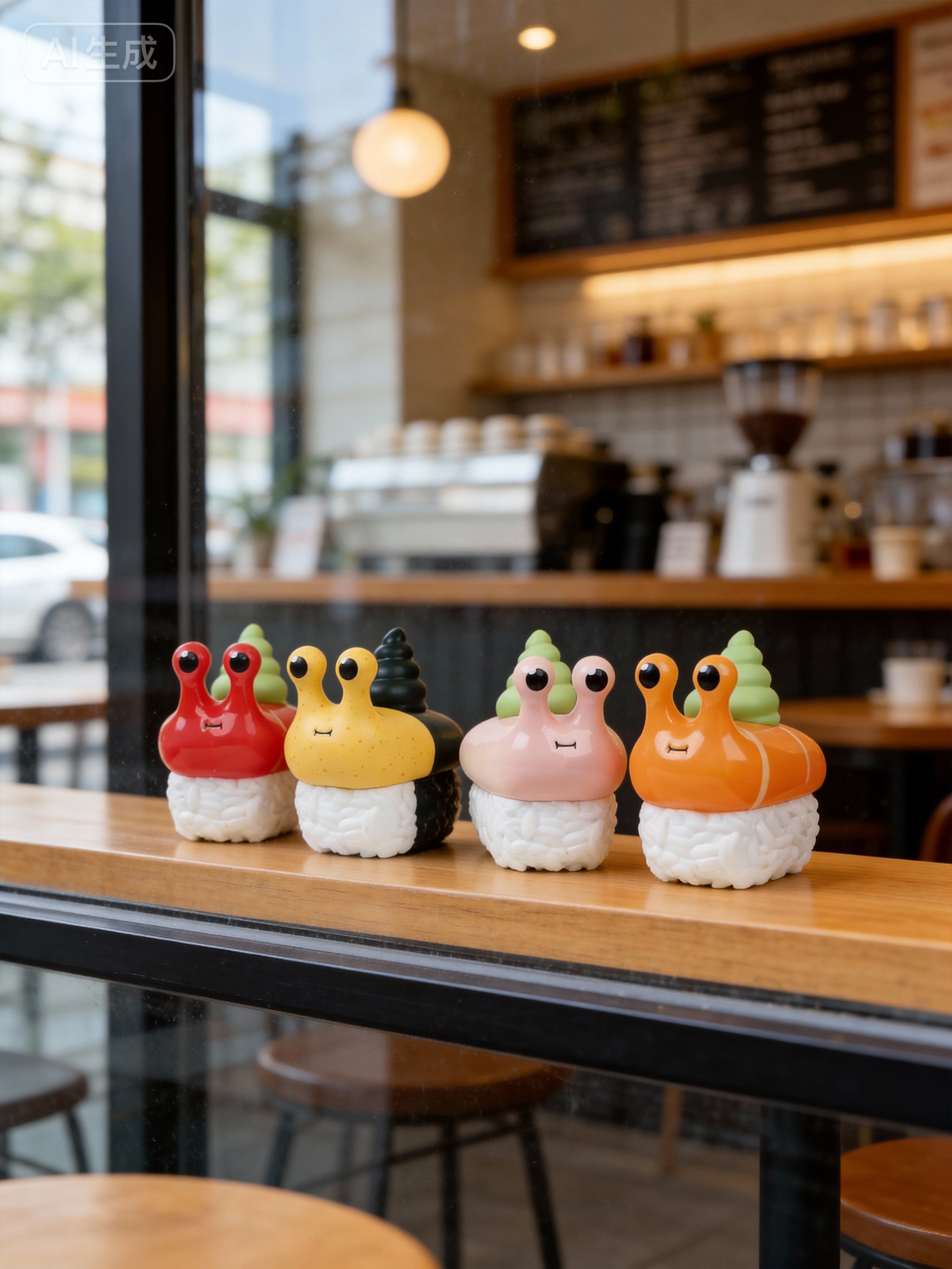 Sushi Snail Blind Box Series figurines by Sad Salesman displayed on a café ledge, with whimsical snail-sushi designs overlooking a cozy coffee bar setting.