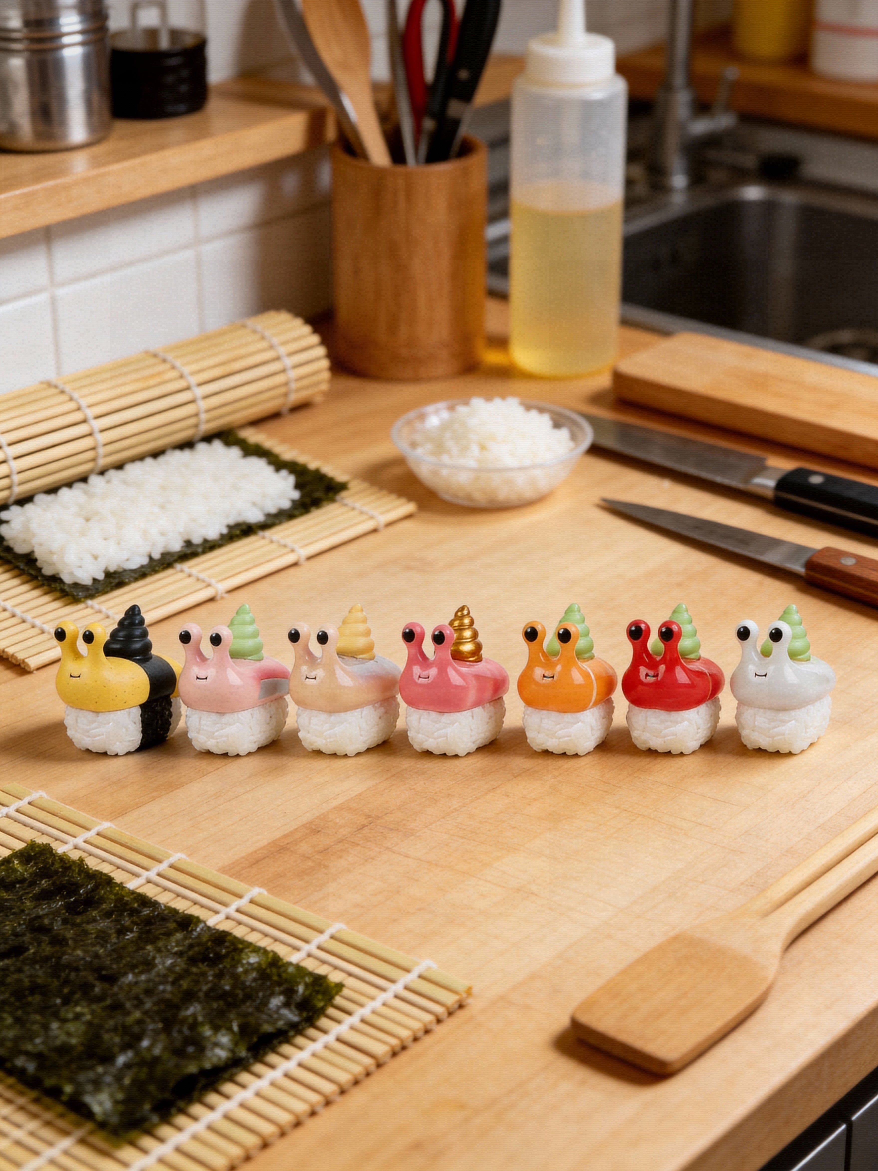 Sushi Snail Blind Box Series by Sad Salesman: Eight whimsical snail figurines styled as sushi, featuring unique colors and cartoonish designs, set on a sushi-prep countertop.