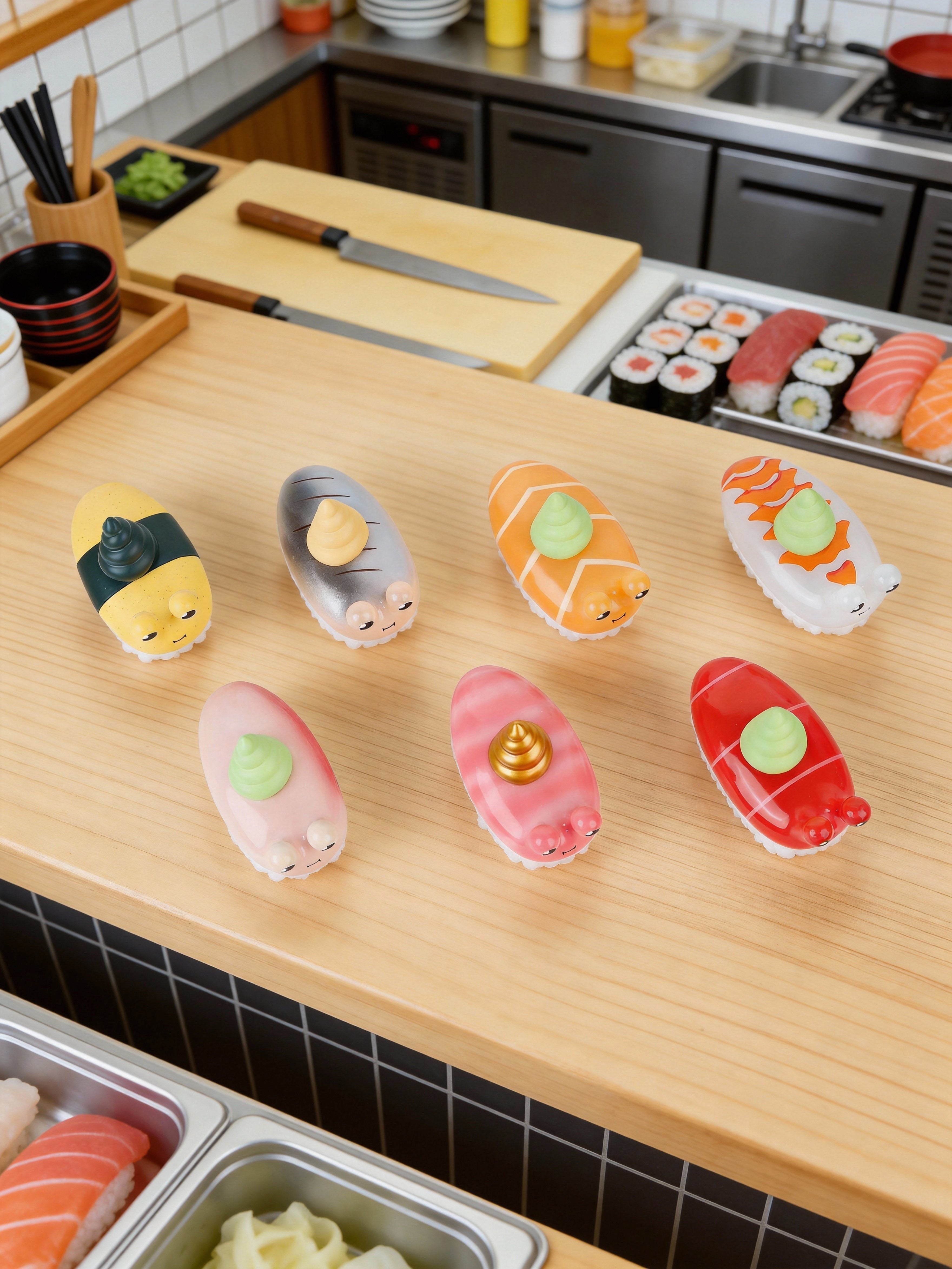 Sushi Snail Blind Box Series by Sad Salesman: Eight nigiri-shaped trinkets with cat faces and wasabi swirls, displayed on a sushi bar countertop.