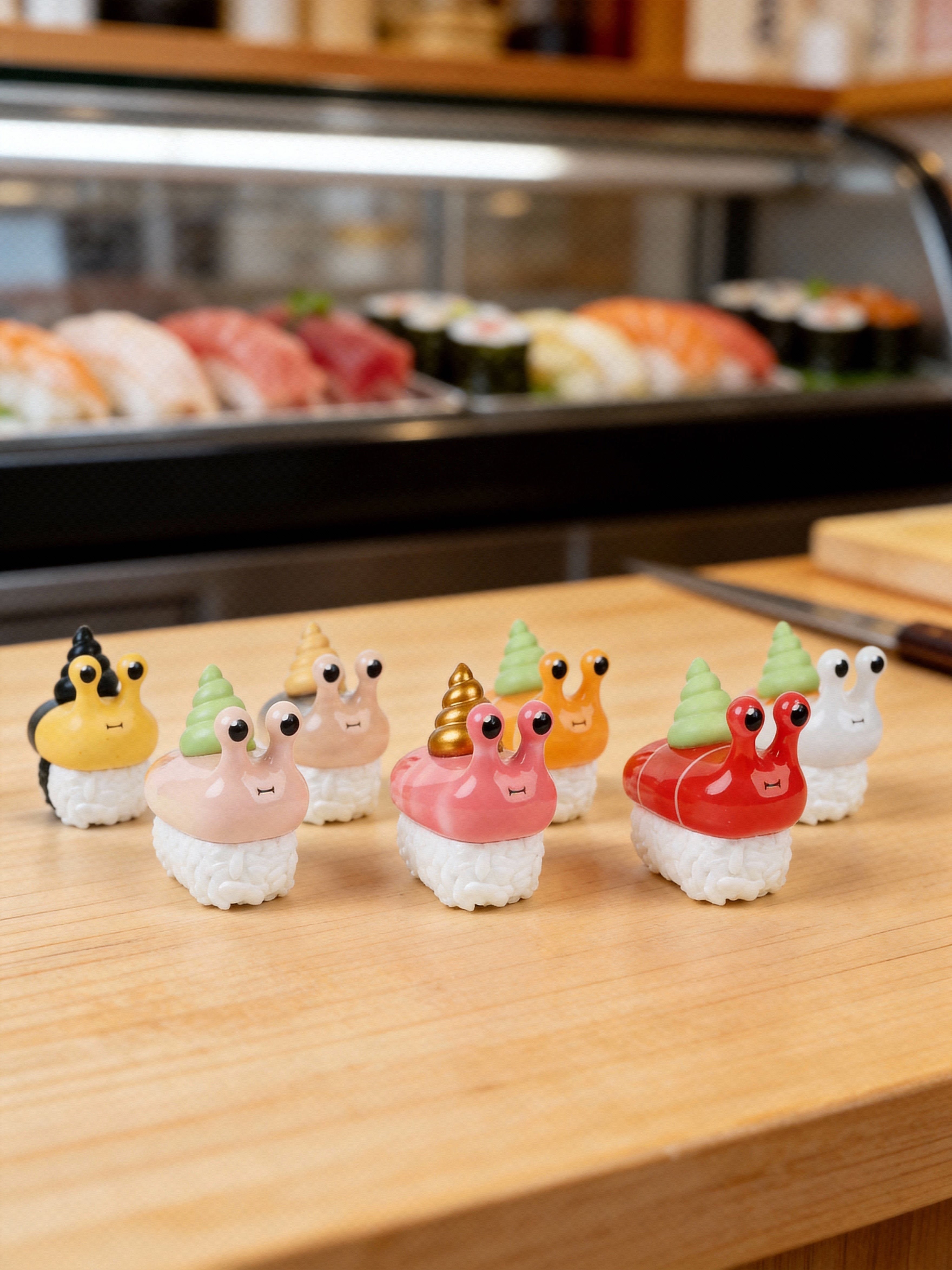 Sushi Snail Blind Box Series by Sad Salesman, featuring whimsical snail-on-sushi figurines on a wooden sushi counter.
