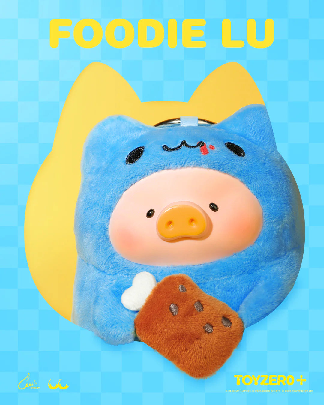 LuLu the Piggy x Capoo - Foodie Lu PVC Face Plush Keychain, featuring a pig in a blue cat hood holding a plush drumstick.