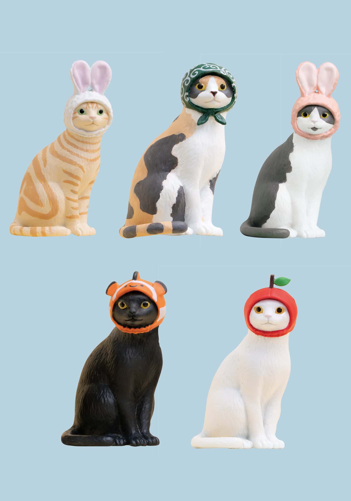 Cat Cap Figure Blind Box featuring five whimsical cat figurines in playful headwear, perfect for collectors and fans of kawaii décor.