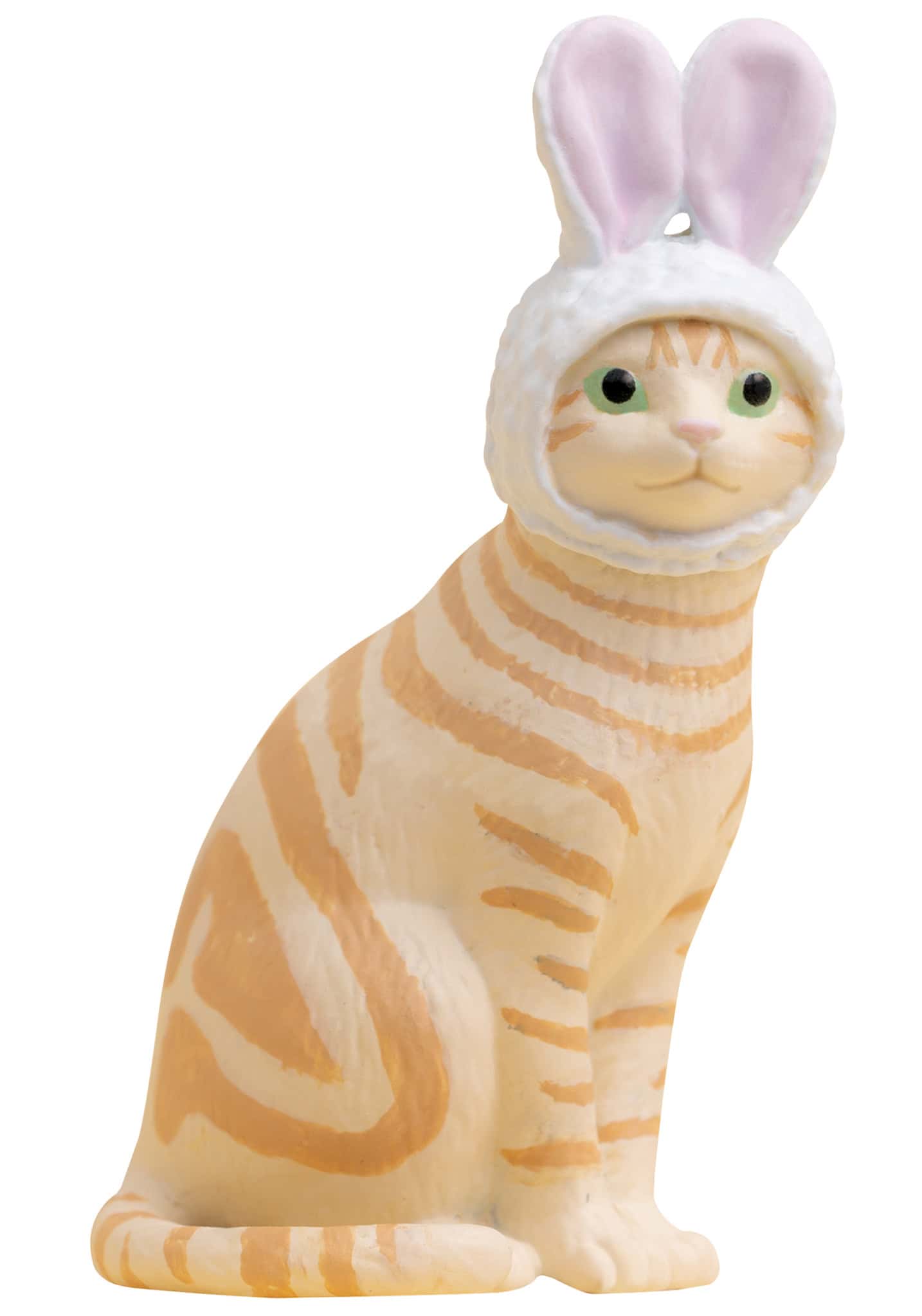 Stylized tabby cat figure in the Cat Cap Figure Blind Box, featuring a fluffy white bonnet with pink bunny ears, embodying kawaii charm.