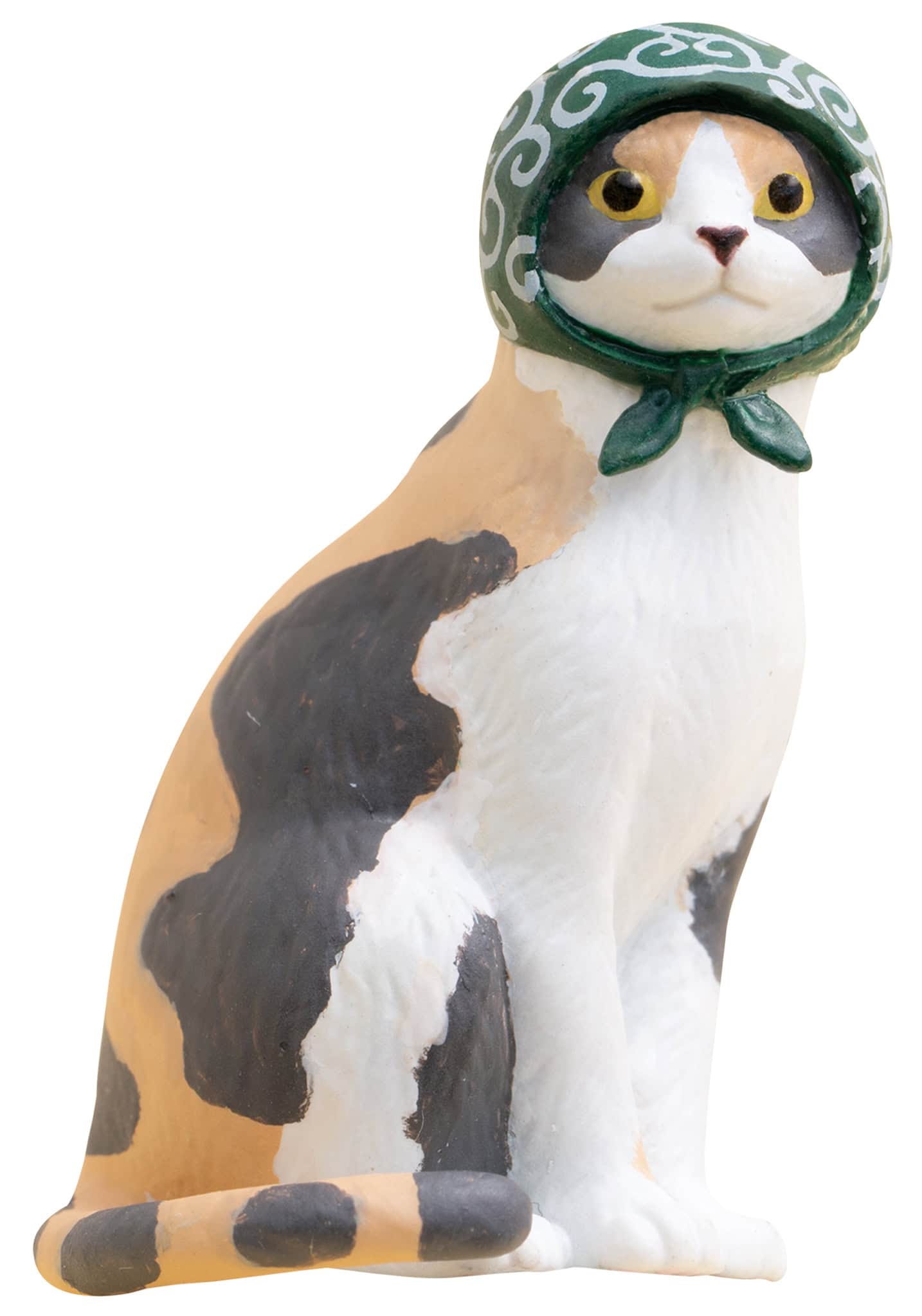 Cat Cap Figure Blind Box: A calico cat statuette wearing a green headscarf with a swirl pattern, sitting upright, part of Strangecat Toys' whimsical blind box collection.