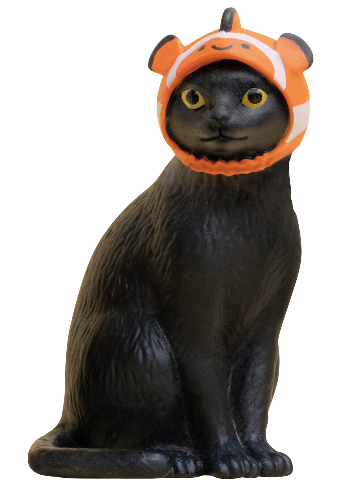 Cat Cap Figure Blind Box featuring a black cat figurine in a clown-fish cap, perfect for collectors and fans of kawaii décor.