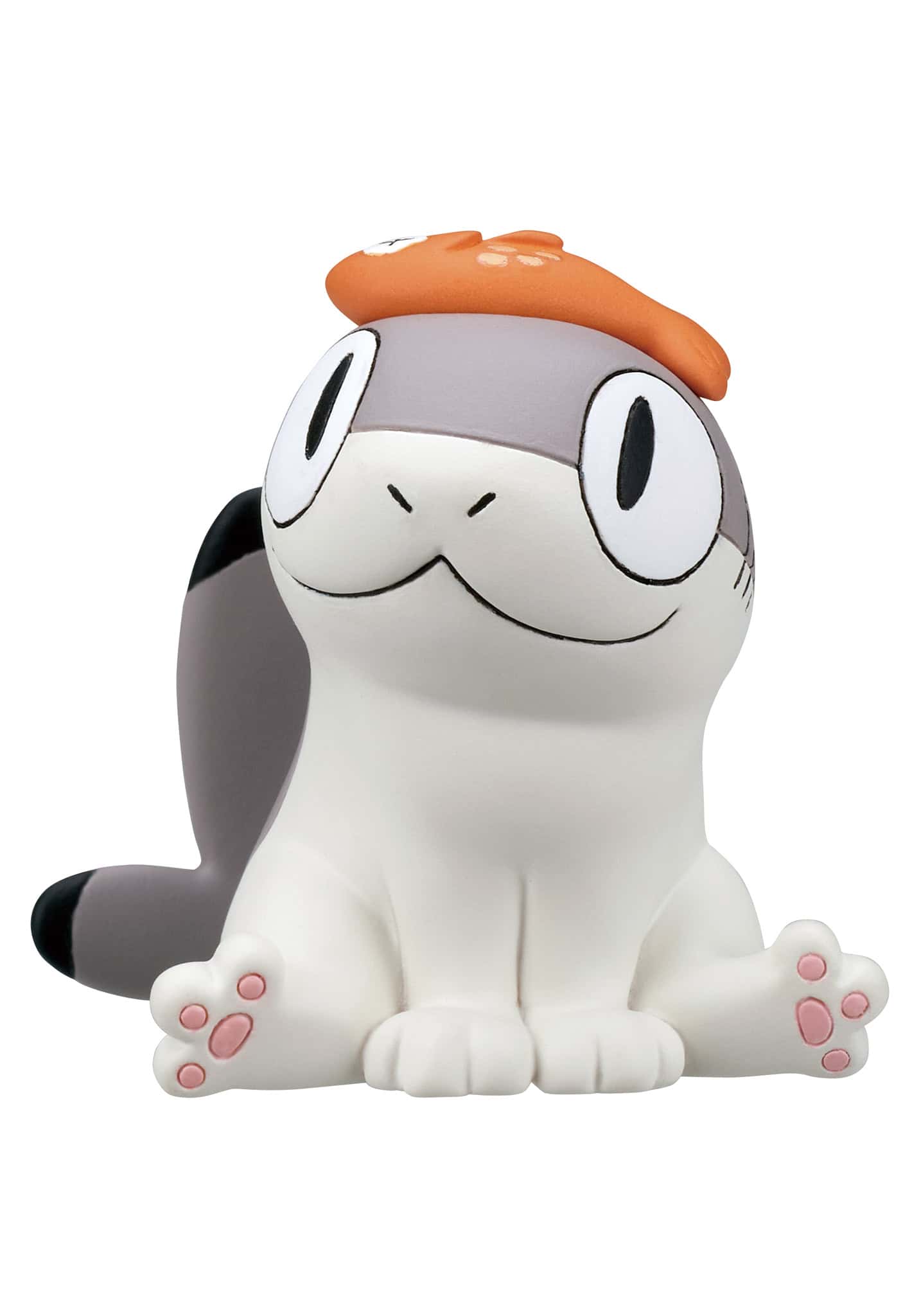 Sharkitty Blind Box figure: a cat figurine with oversized eyes, pink paw pads, and an orange fish hat, embodying playful charm and quirky design.