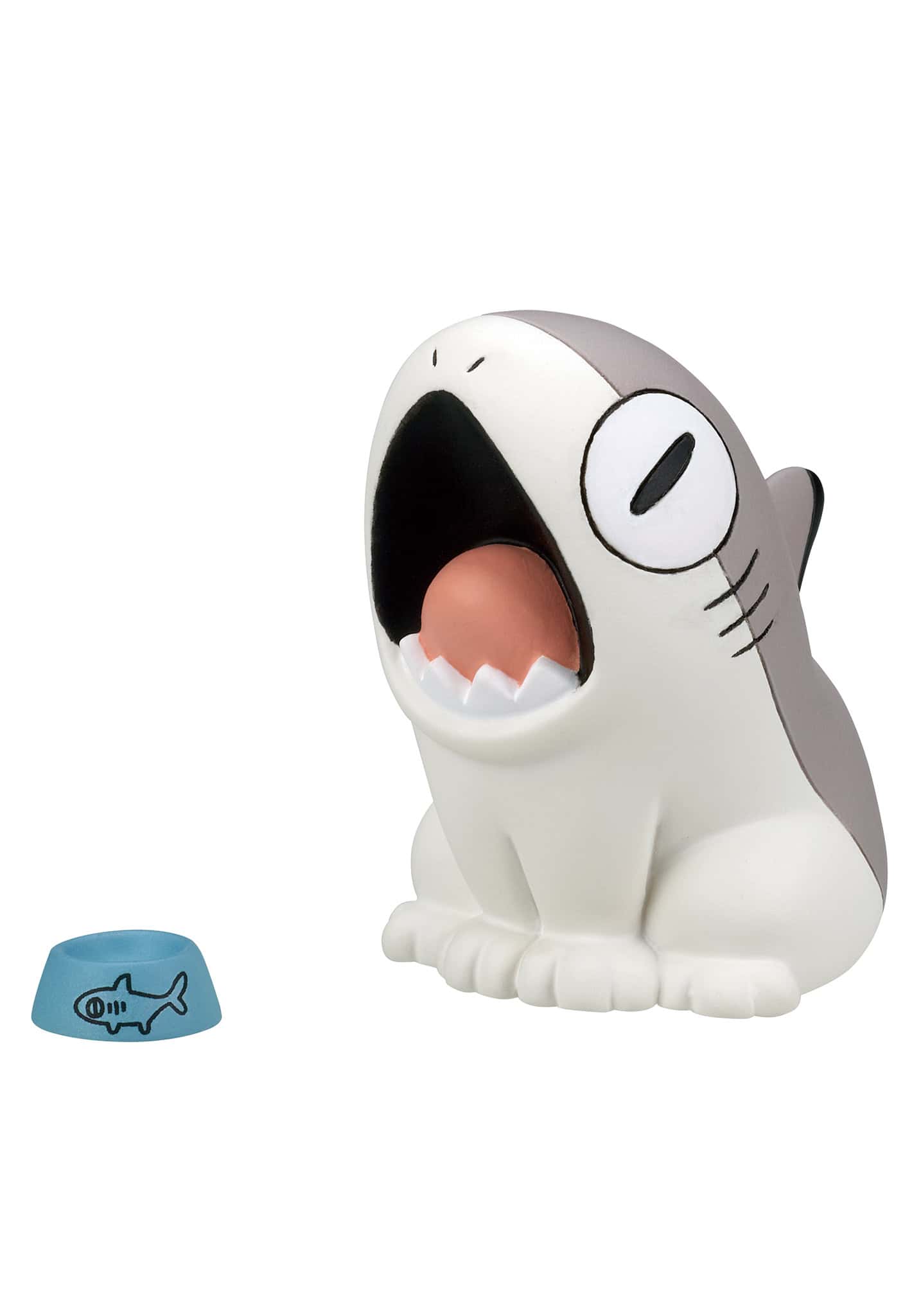 Sharkitty Blind Box toy, featuring a cartoon shark-cat hybrid with paws, wide mouth, and a coin bowl, part of Strangecat Toys' novelty collection.