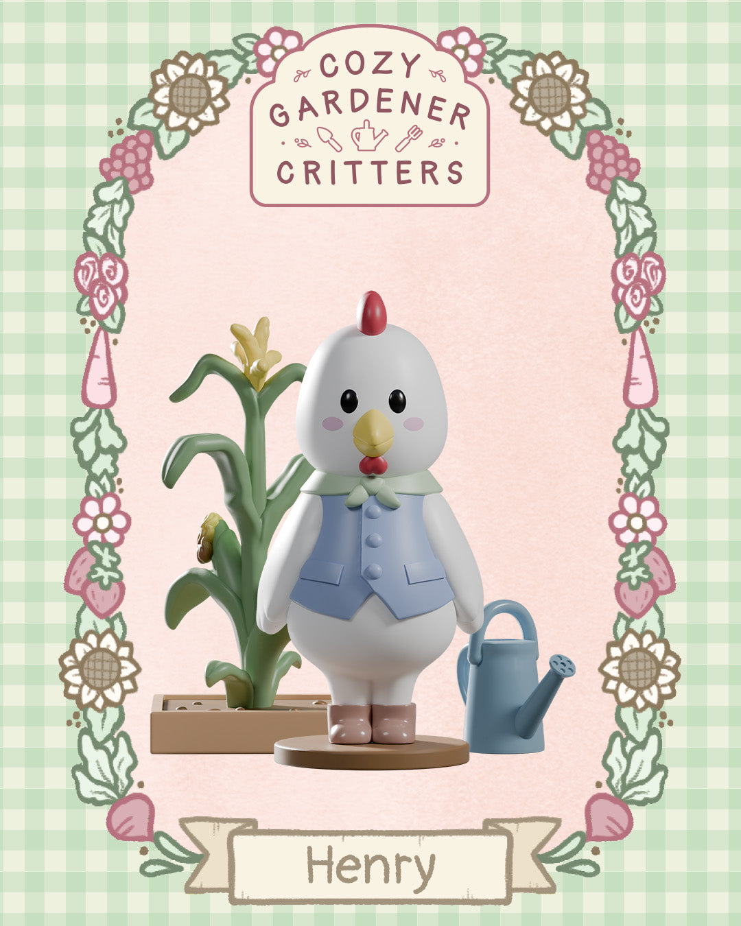 Cozy Gardener Critters Blind Box: Vinyl toy Henry, a white chicken with blue vest, green scarf, planter tray, and watering can. Collectible gardening-themed set.