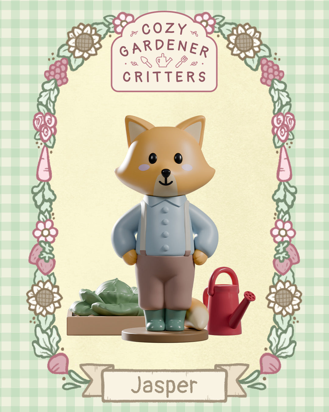 Jasper figure from Cozy Gardener Critters Blind Box, featuring an anthropomorphic fox with gardening gear, watering can, and veggie crate, in a collectible set.