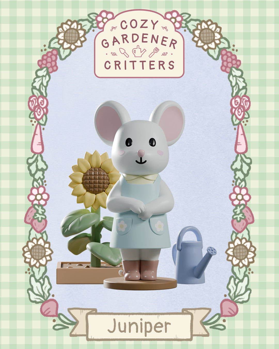 Cozy Gardener Critters Blind Box featuring a stylized mouse in gardening attire with a sunflower, watering can, and garden-themed base. Collectible figure from Strangecat Toys.