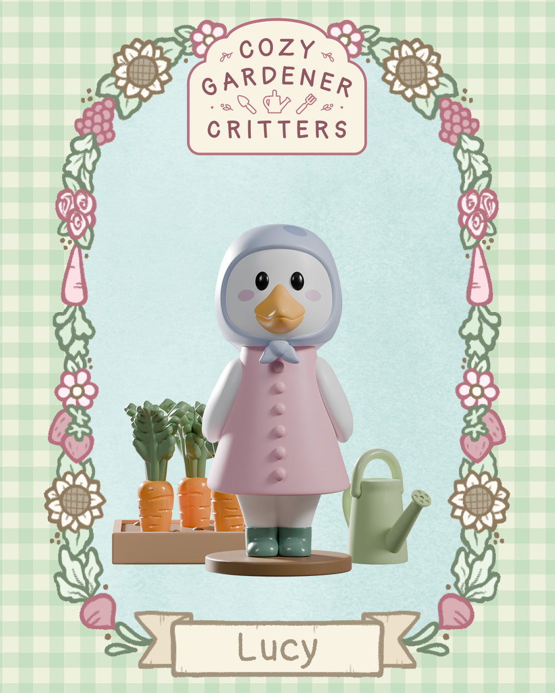 Lucy the duck from Cozy Gardener Critters Blind Box, dressed for gardening with a crate of carrots and a watering can, framed by a floral border.
