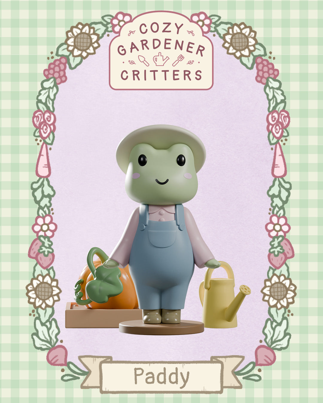 Cozy Gardener Critters Blind Box: Paddy the frog in gardening attire with watering cans, includes magnetic garden patch. Collectible from Strangecat Toys.