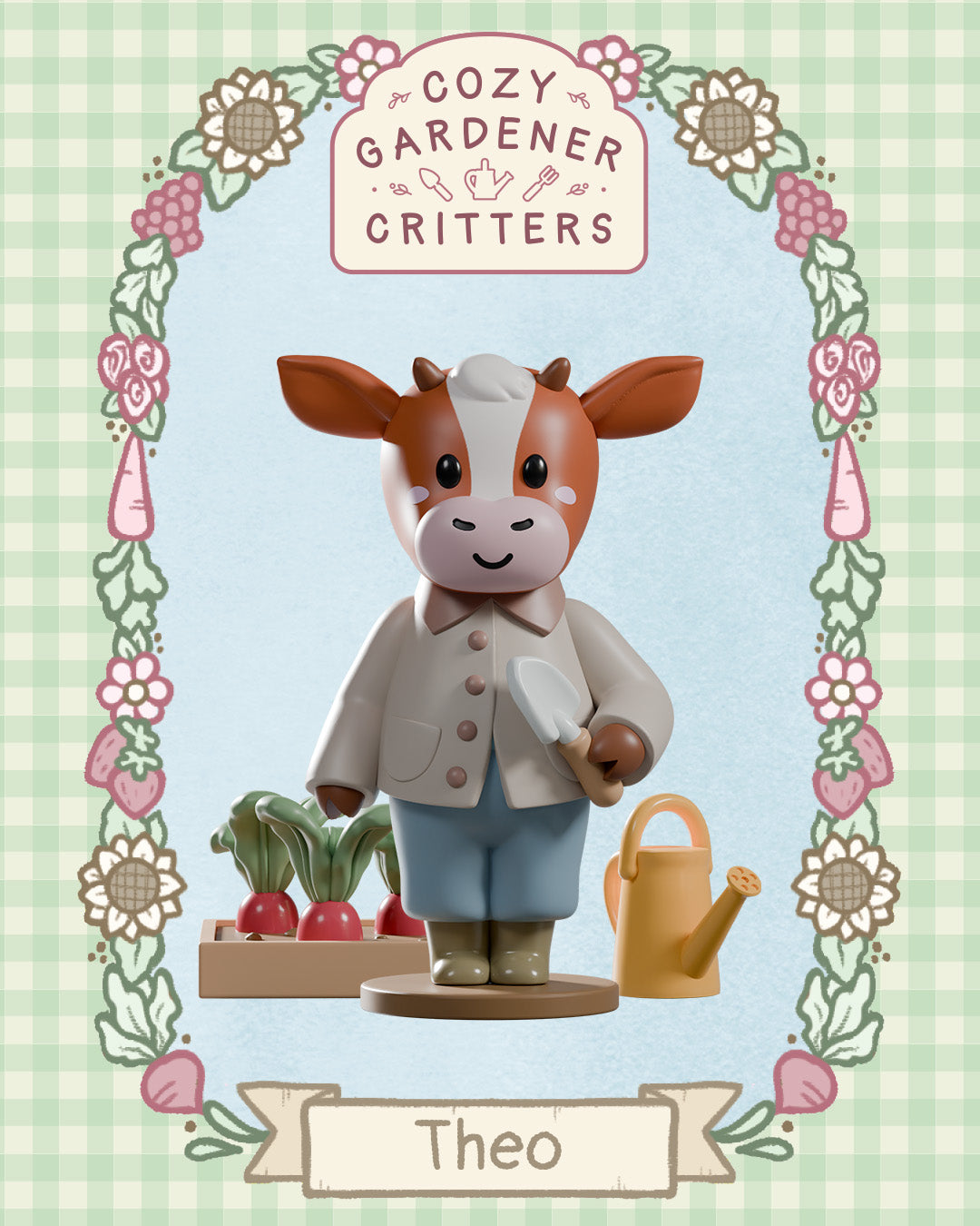 Cozy Gardener Critters Blind Box: Theo the cow in a gardener's outfit, holding a trowel with radishes, a watering can, and floral border.
