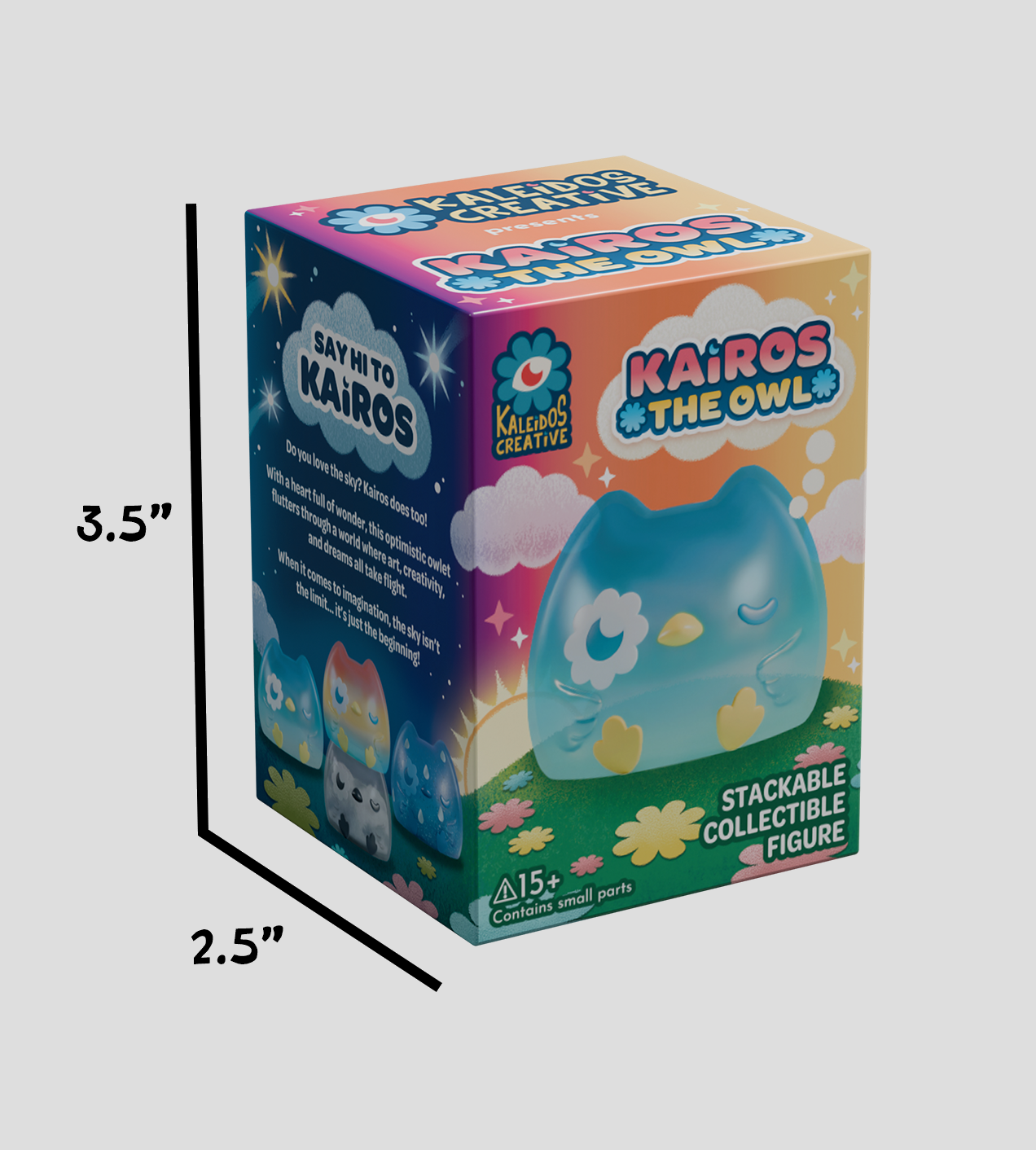 Kairos the Owl Blind Box features a stylized owl figure, collectible series hints, and whimsical packaging, perfect for art toy enthusiasts ages 15 and up.