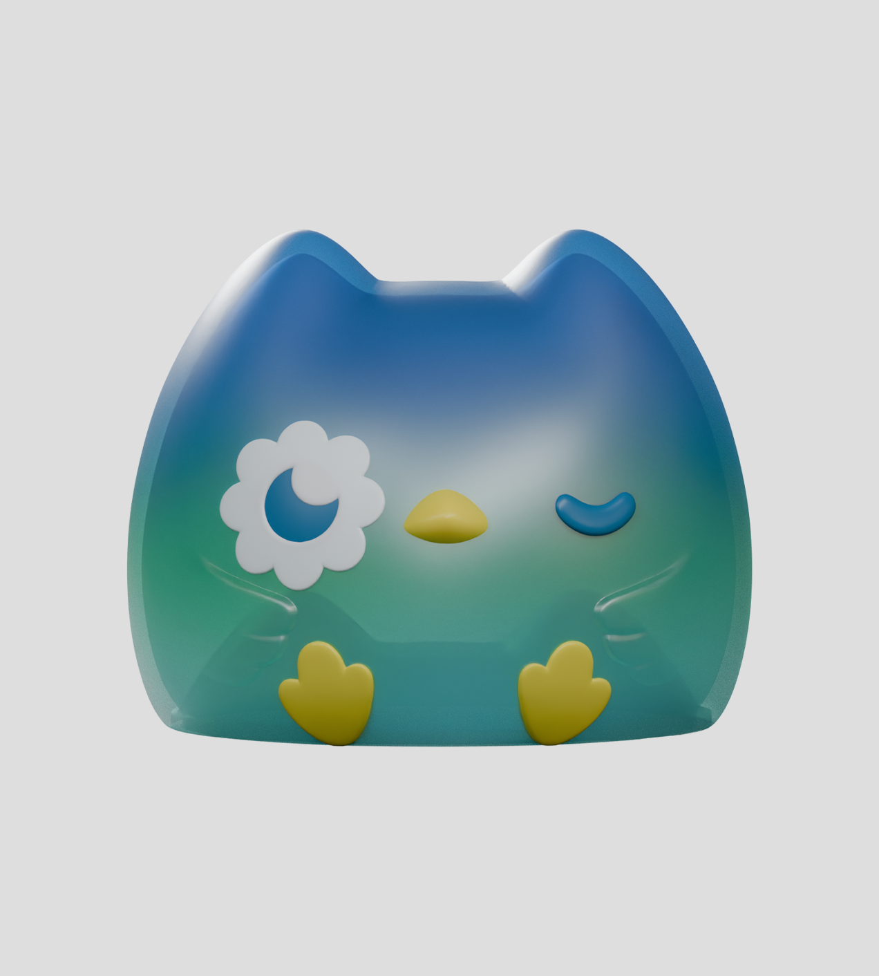 Kairos the Owl Blind Box features a whimsical bird/owl character with cat-like ears, a flower eye patch, and heart-shaped feet, crafted from PVC and ABS.