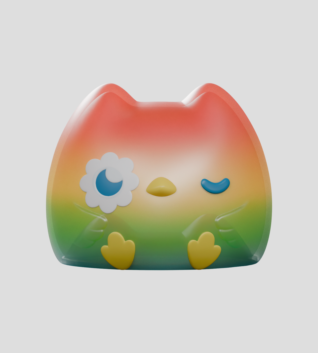 Kairos the Owl Blind Box: A colorful, chubby figurine combining cat and bird traits, featuring daisy and crescent eyes, a beak, and tiny heart-shaped feet.