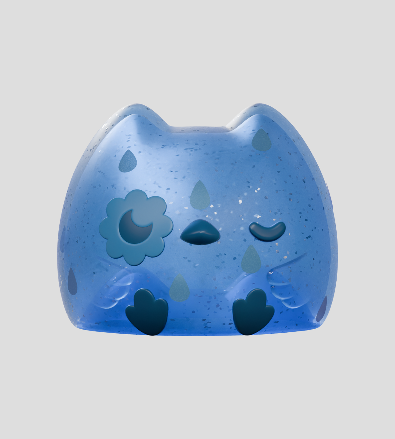 Kairos the Owl Blind Box: A 3-D blue jelly-like creature with cat ears, teardrop patterns, and a flower-accented eye, embodying whimsical charm.