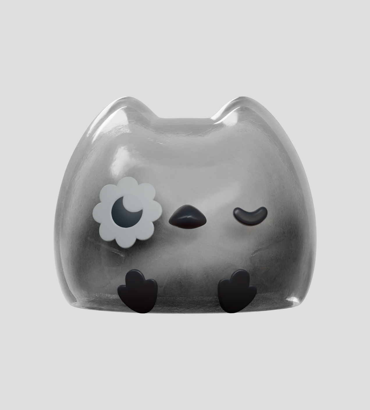 Kairos the Owl Blind Box features a cute, semi-transparent 3D creature with cat-bird traits, including a beak, unique eyes, and heart-shaped feet.