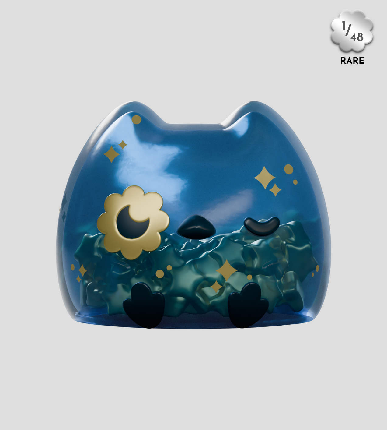 Limited-edition Kairos the Owl collectible, a glossy blue cat-shaped art piece with gold motifs, featuring a teal-green swirl inside.