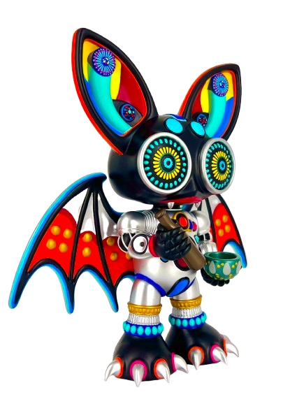 KaleidoBat 8 Vinyl Art Toy: A cyber-pop bat figure with multicolored eyes, chrome-silver torso, and vibrant wings, holding a mallet and teacup.