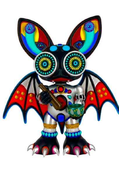 KaleidoBat 8 Vinyl Art Toy: A vibrant, steampunk-themed alebrije with mechanical details, holding a flask and cup, showcasing neo psychedelia and retro futurism influences.