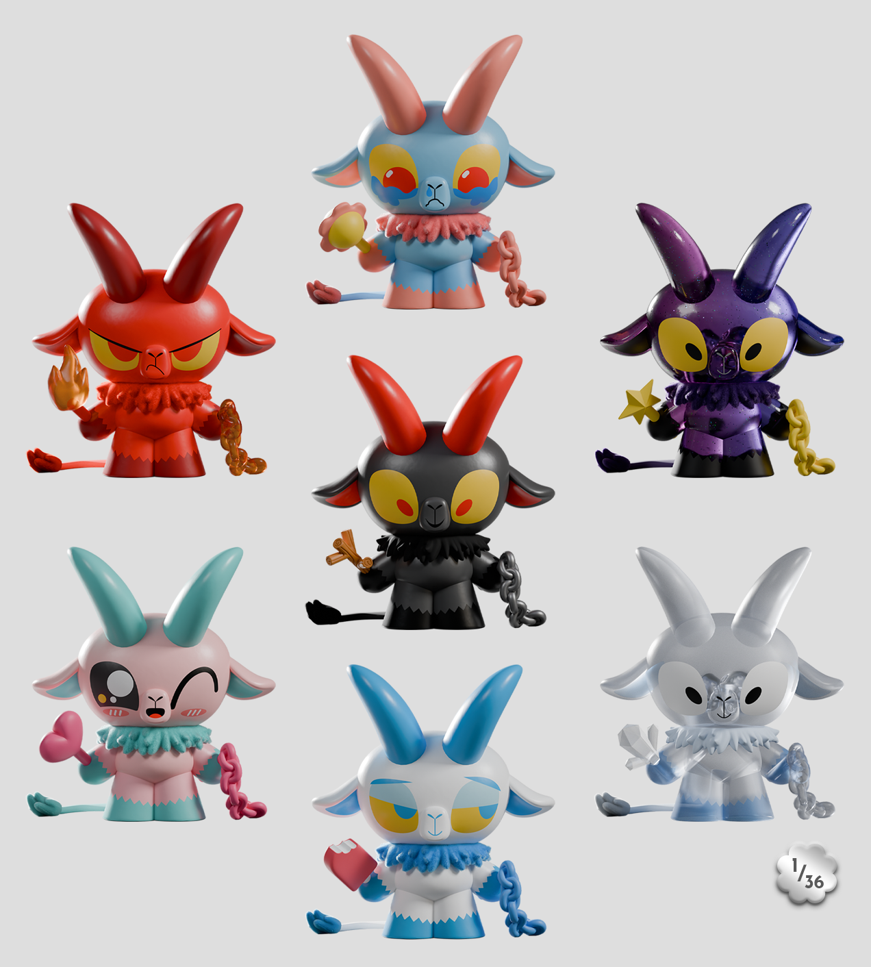 Kid Krampus Blind Box featuring 3x3 grid of horned vinyl figures with unique props, showcasing playful versions of the legendary winter trickster.