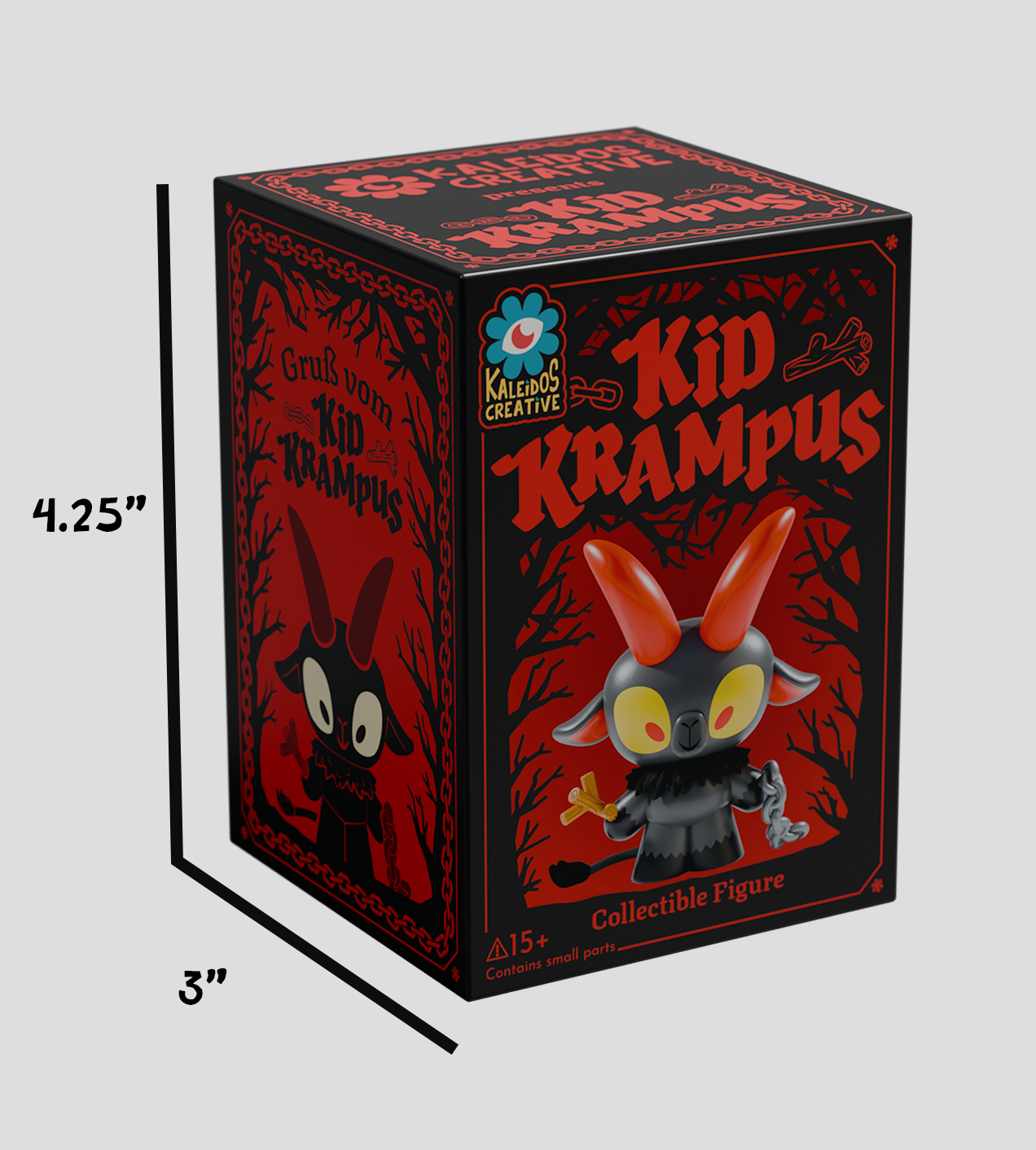 Kid Krampus Blind Box package featuring a stylized horned figure with chains and sticks, designed for collectors aged 15 and up.