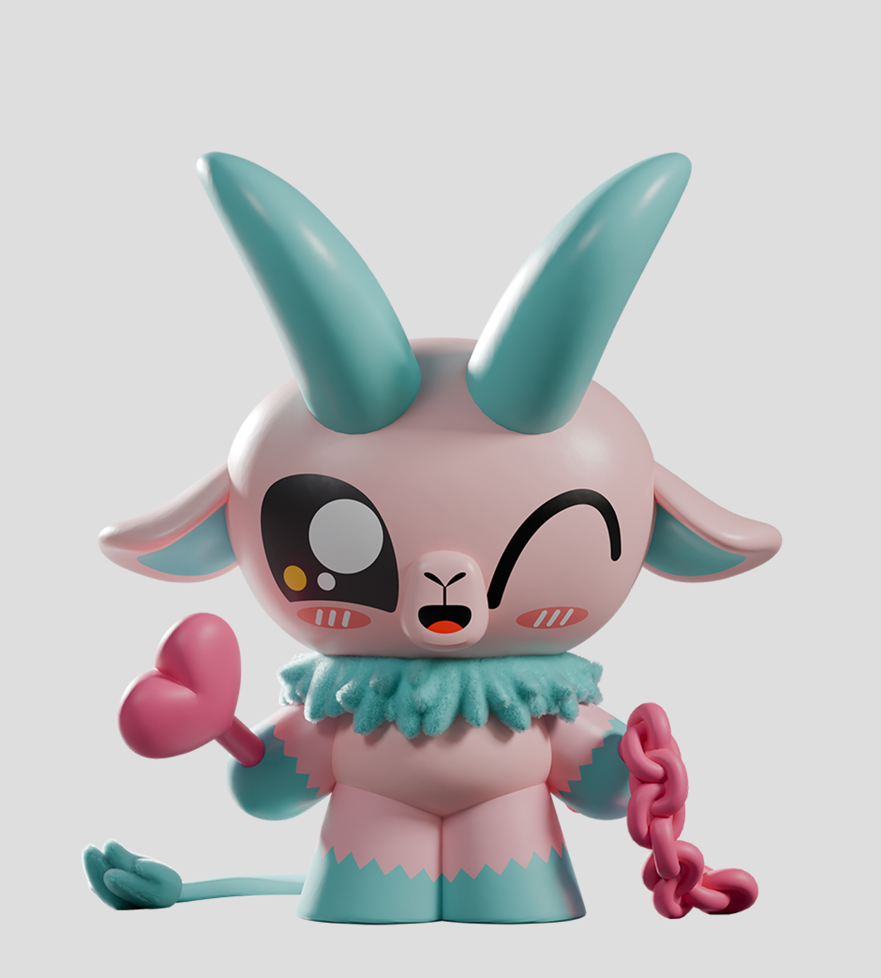Kid Krampus Blind Box: A whimsical goat-like toy figure with pink body, turquoise horns, and playful expressions, holding a lollipop and chain.