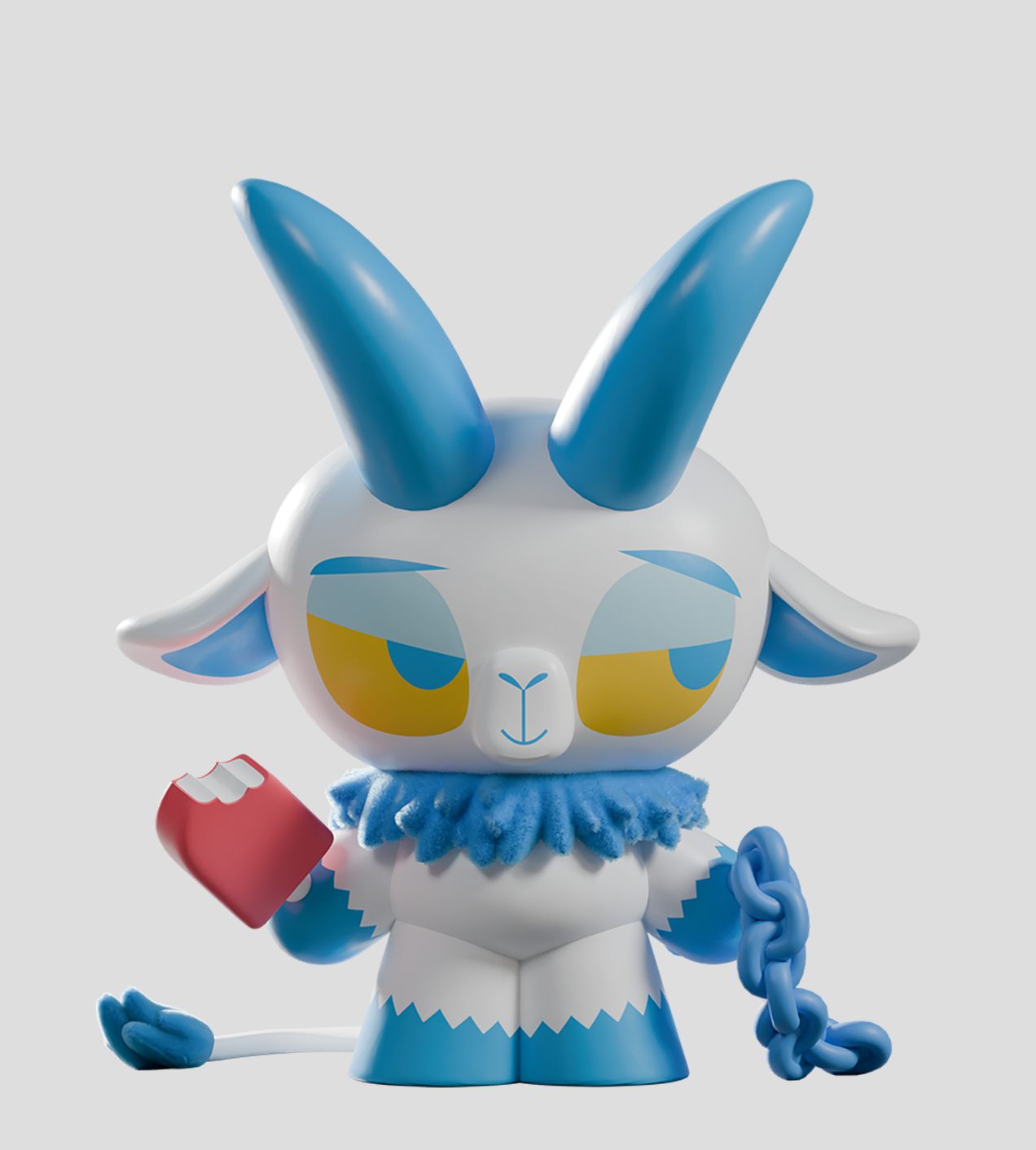Kid Krampus Blind Box: 3D goat-like figure with blue accents, holds a popsicle and chain, toy-like design, part of a collectible holiday-themed series.