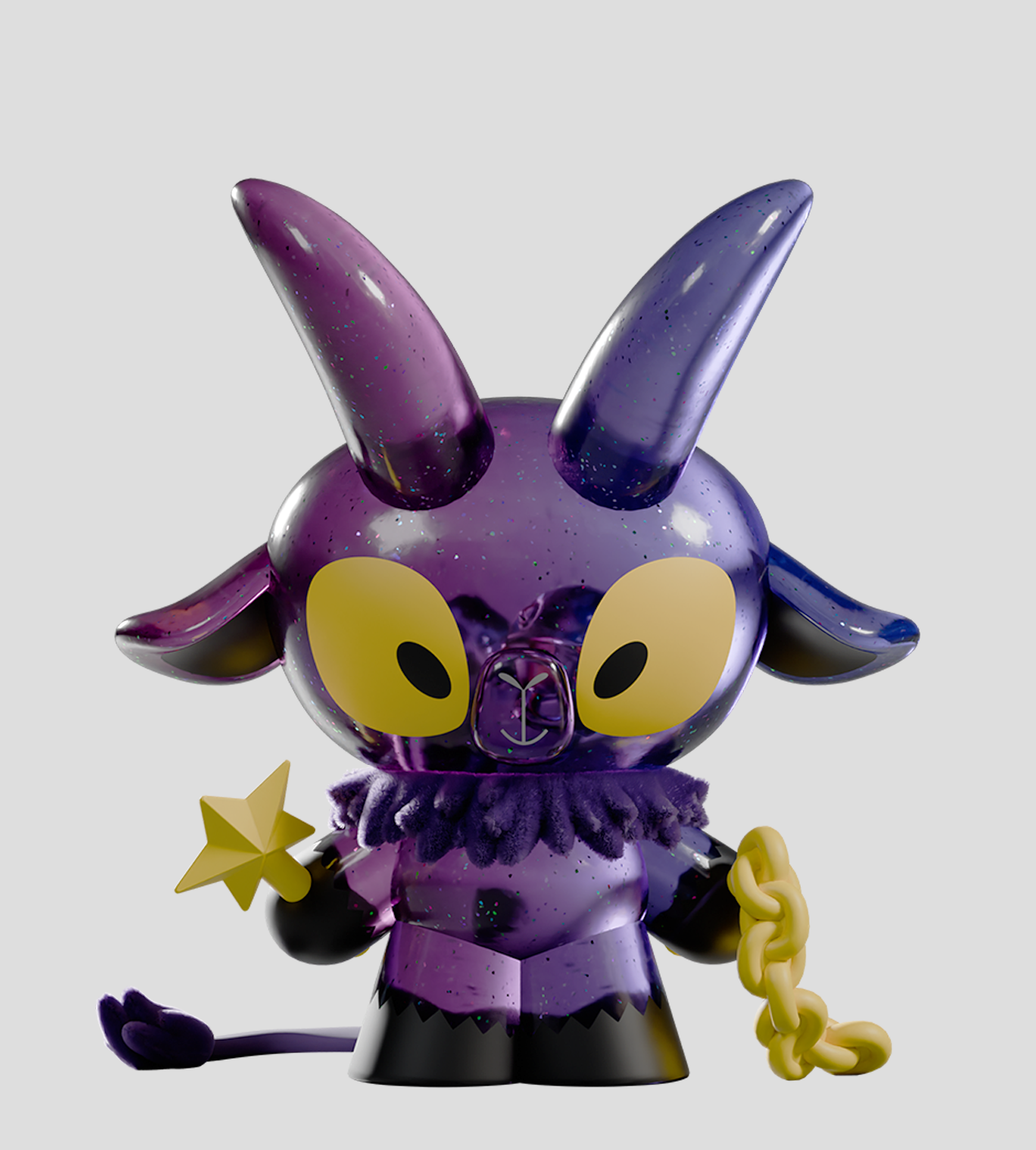 Kid Krampus Blind Box figure, part-goat, part-imp, with horns, yellow eyes, holding a star wand and gold chain, featuring a speckled purple finish.
