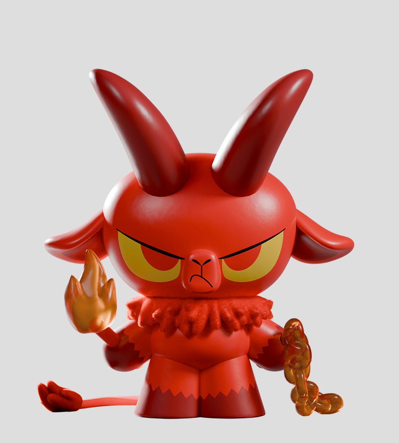 Kid Krampus Blind Box: A red vinyl toy with horns, slanted eyes, fuzzy collar, holding a fireball and chain, showcasing the playful side of the holiday trickster.