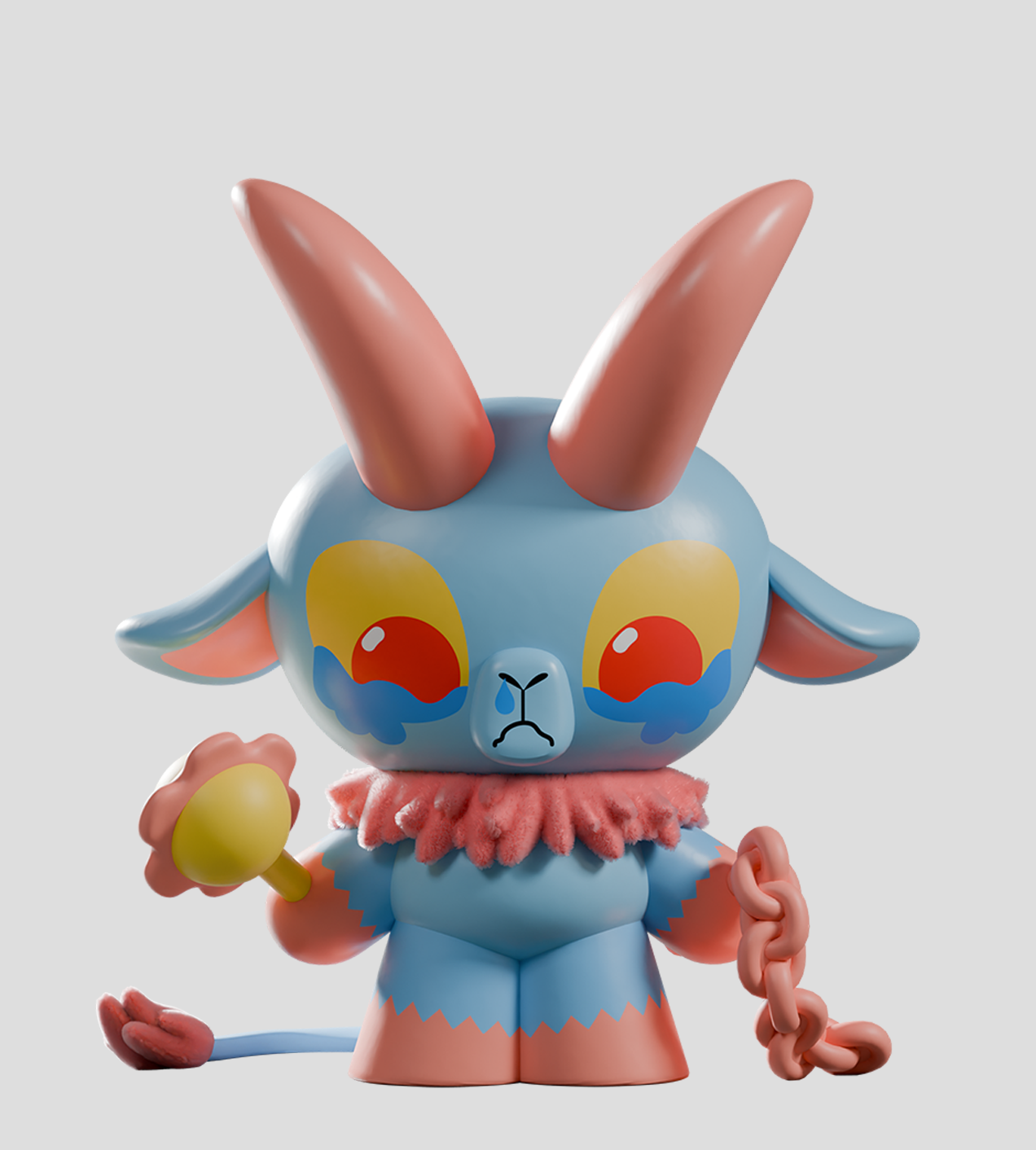 Kid Krampus Blind Box: Pastel-hued vinyl figure with tear-shaped eyes, pink horns, fuzzy collar, holding a flower rattle and dragging a pink chain.