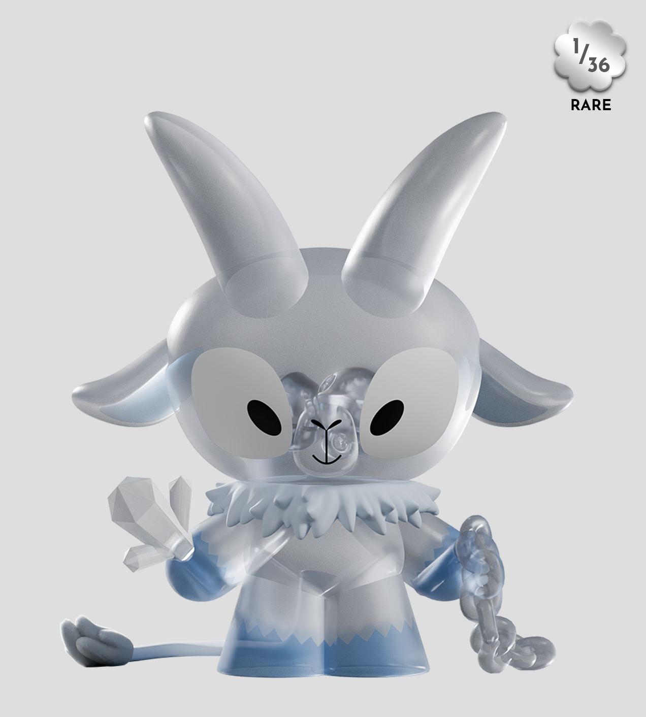 Kid Krampus Blind Box collectible: translucent goat-like vinyl toy holding crystals and chain, featuring spiky ruff, limited 1/36 rare edition.