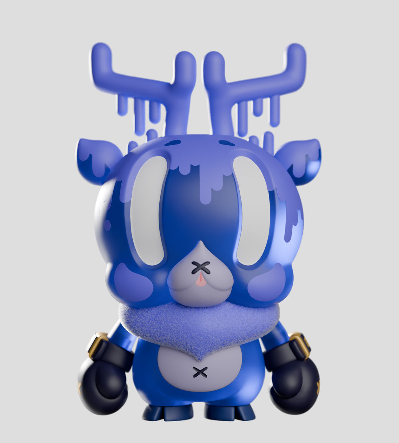 King Deer toy, an 8-inch PVC cartoon character with black gloves and blue-white detailing, designed by Chris and FigCat for Strangecat Toys.