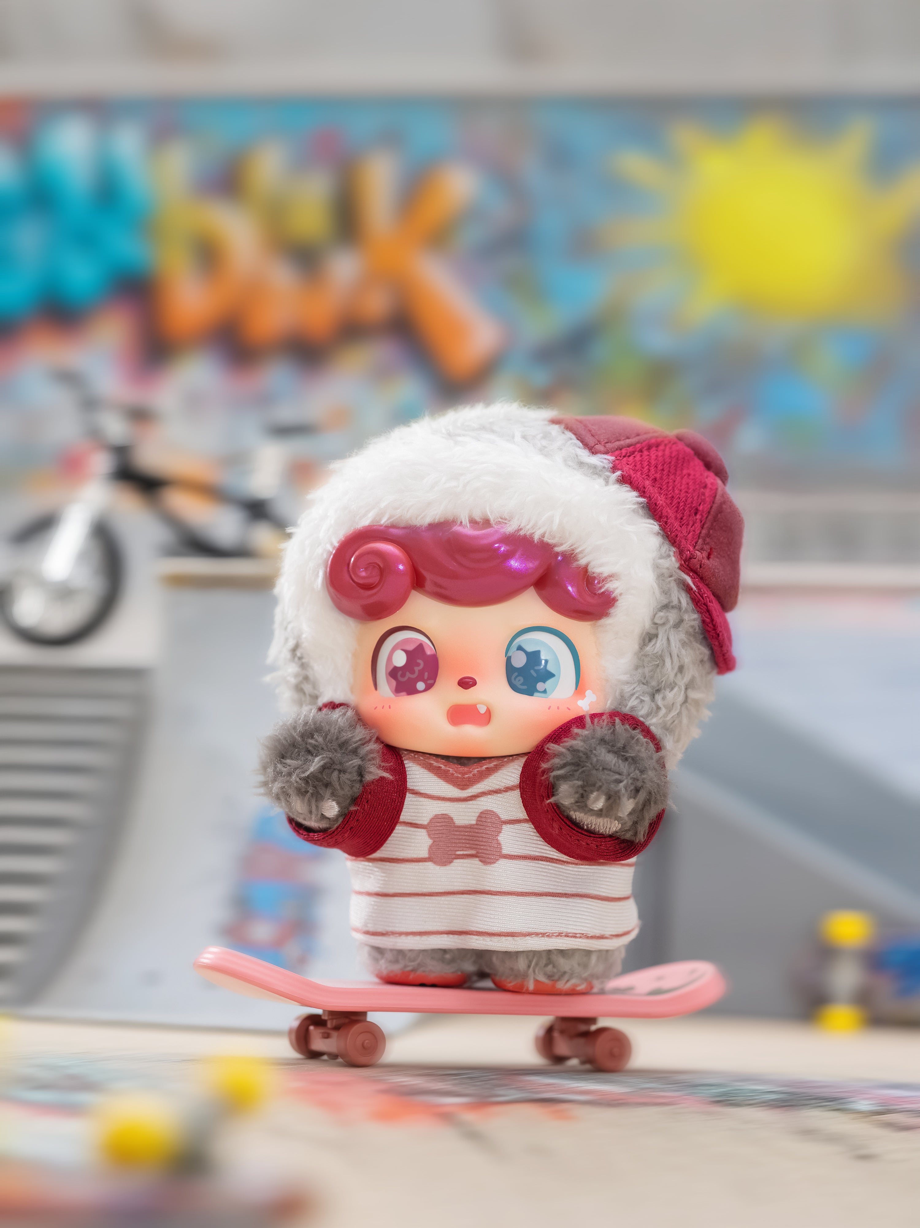 Q. Kid Outdoor Activities Series PVC Plush Blind Box toy on skateboard in skate park, featuring fluffy hooded hat, mittens, and striped shirt with bone motif.