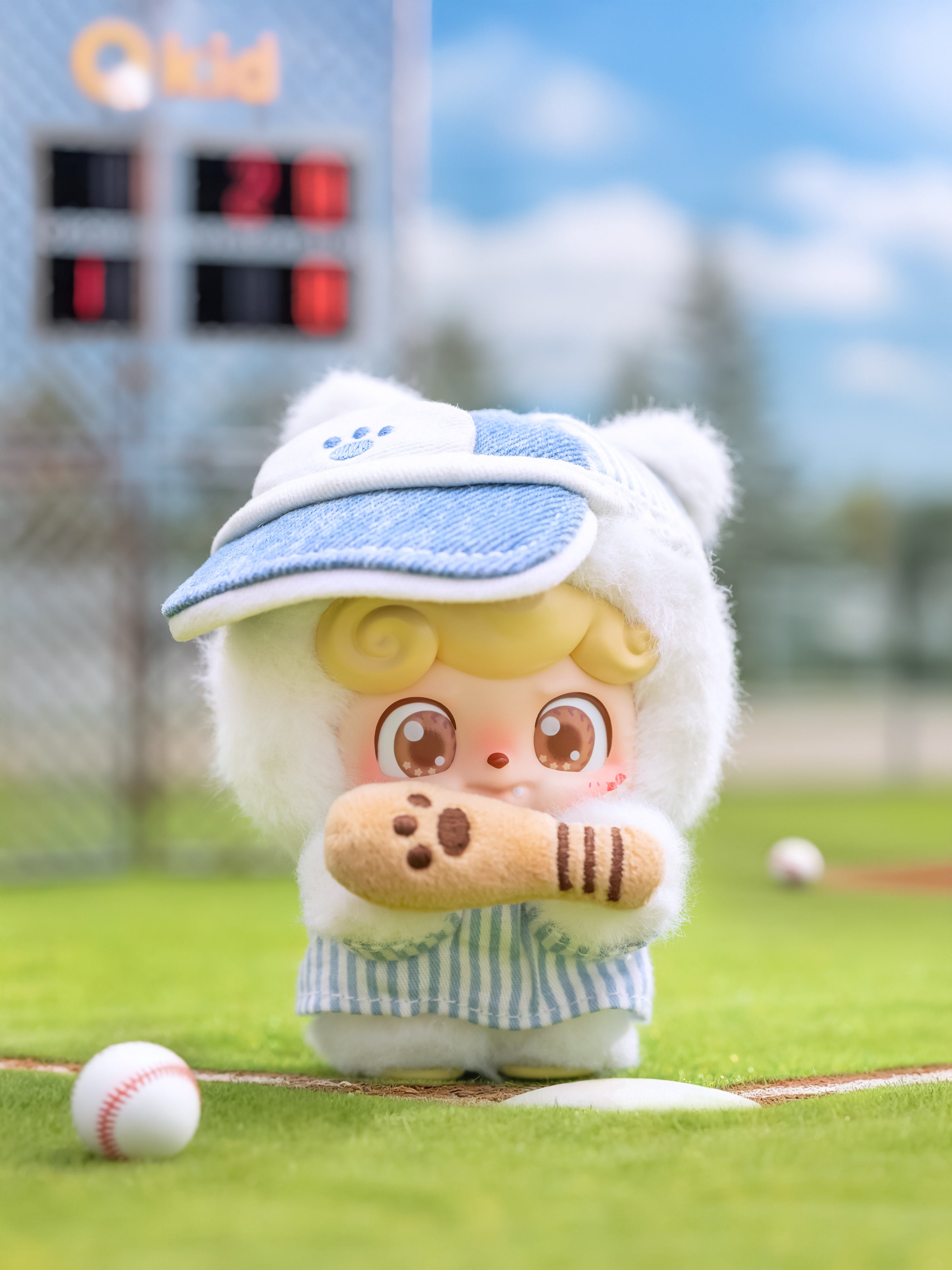 Q. Kid Outdoor Activities Series PVC Plush Blind Box featuring a plush character with a bat on a miniature baseball field.