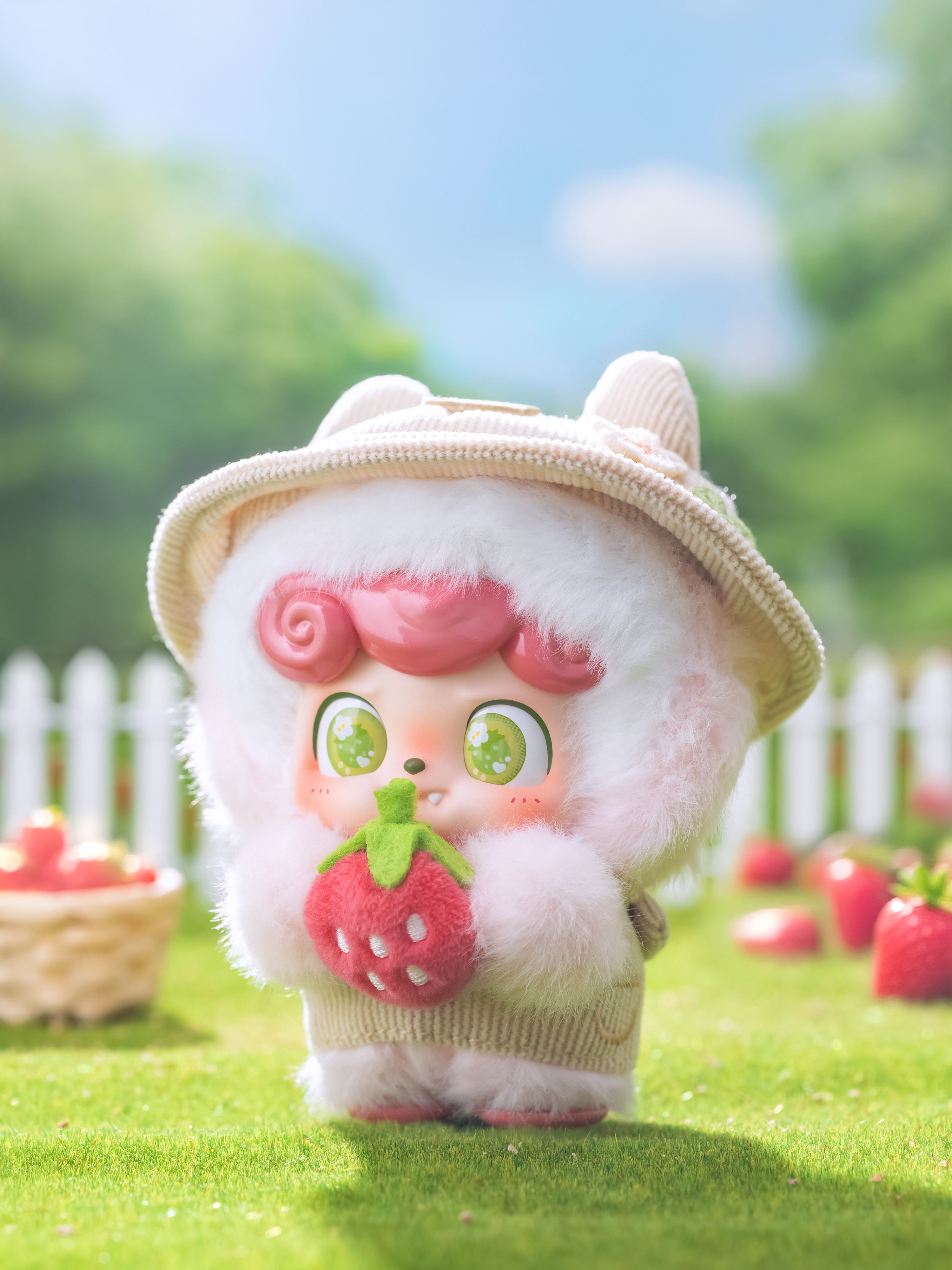 Kawaii plush character from Q. Kid Outdoor Activities Series, holding a felt strawberry, set in a garden, part of a preorder blind box collection.